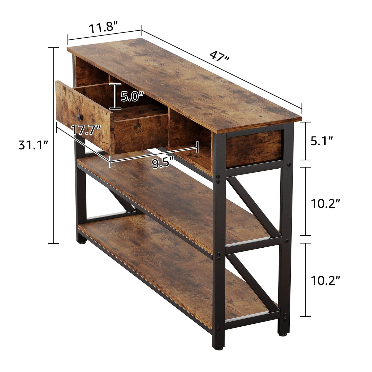 Mexin Console Table with Drawer Shelves, Entryway Table with 3 Tier Storage Shelves, Industrial Wood Hallway Sofa Table for Living Room, Couch, Foyer, Kitchen Counter, 47 Inch Rustic Brown