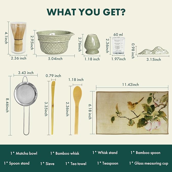 Matcha Whisk Set,9 Pcs Matcha Set with Matcha Bowl,Spout, Bamboo Whisk, Spoon Stand, Scoop, Sifter, Towel, Teaspoon and Glass Measuring Cup for Making Breakfast/Latte, Gift for Matcha Lover,Green
