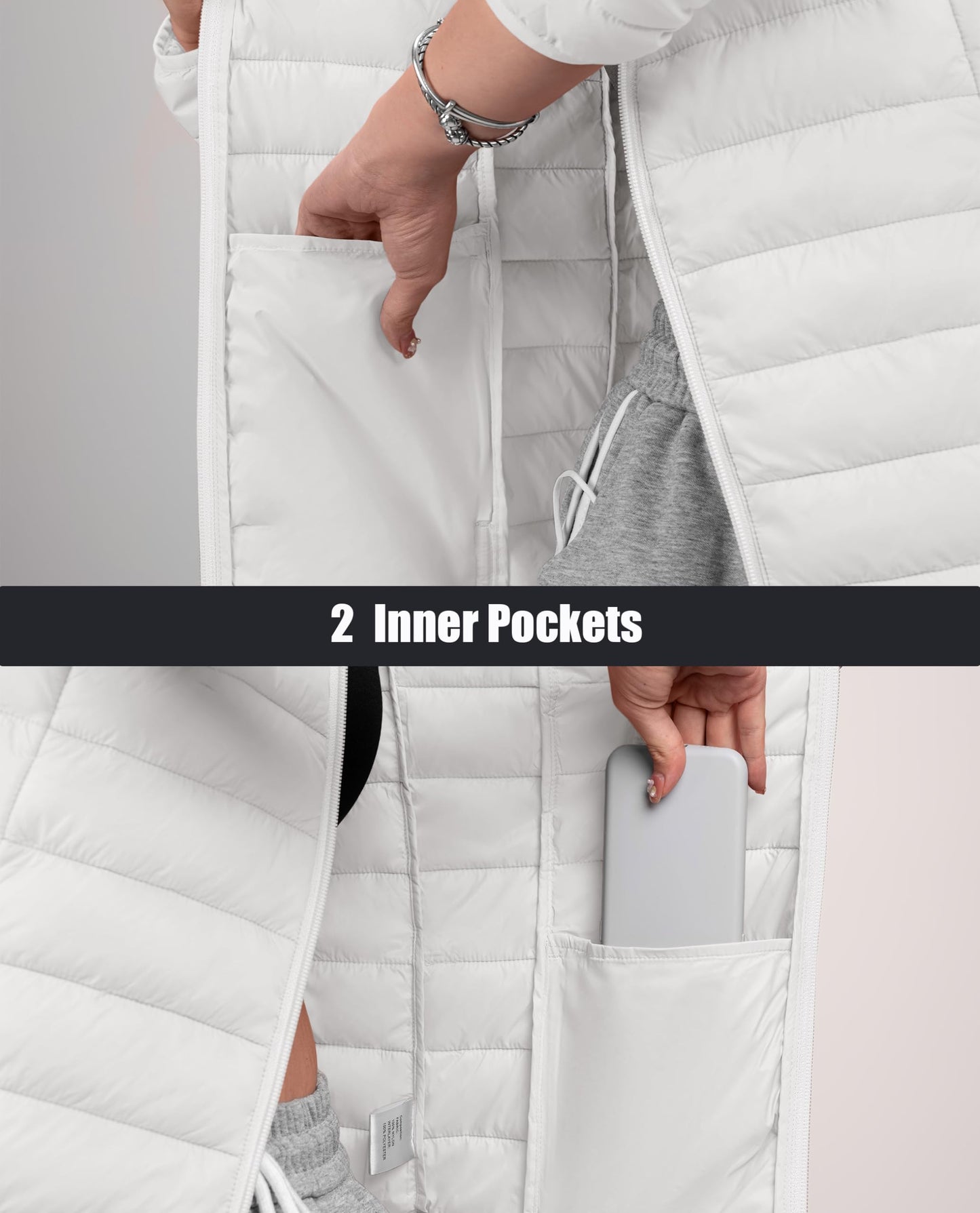 MAGCOMSEN Womens Puffer Jacket Hooded Lightweight Quilted Winter Long Sleeve Water-resistant Zip-up Coat with Inner Pocket, White M