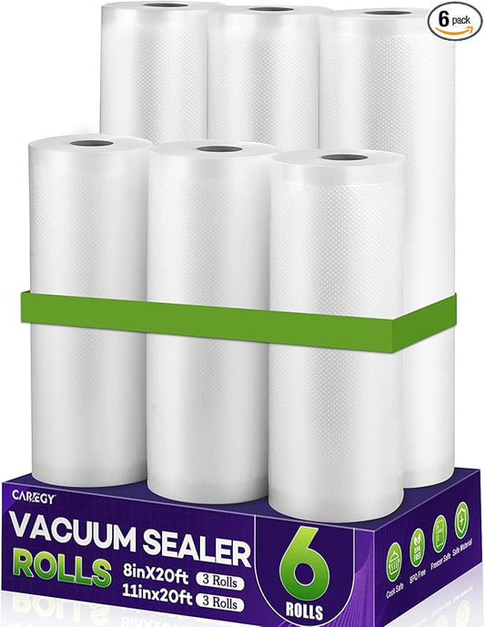 CAREGY Food Vacuum Sealer Rolls Bags 6 Pack 3 Rolls 8'' x 20' and 3 Rolls 11''x 20' Commercial Grade BPA Free Bag Rolls Embossed Food Saver Bags for Meal Prep,Sous Vide Cooking and Food Storage