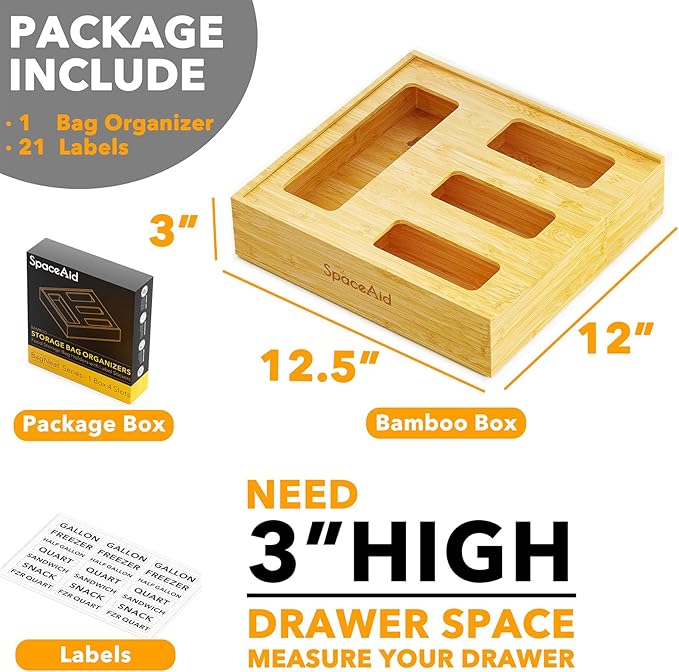 SpaceAid Bag Storage Organizer for Kitchen Drawer, Bamboo Organizer, Compatible with Gallon, Quart, Sandwich and Snack Variety Size Bag (1 Box 4 Slots)