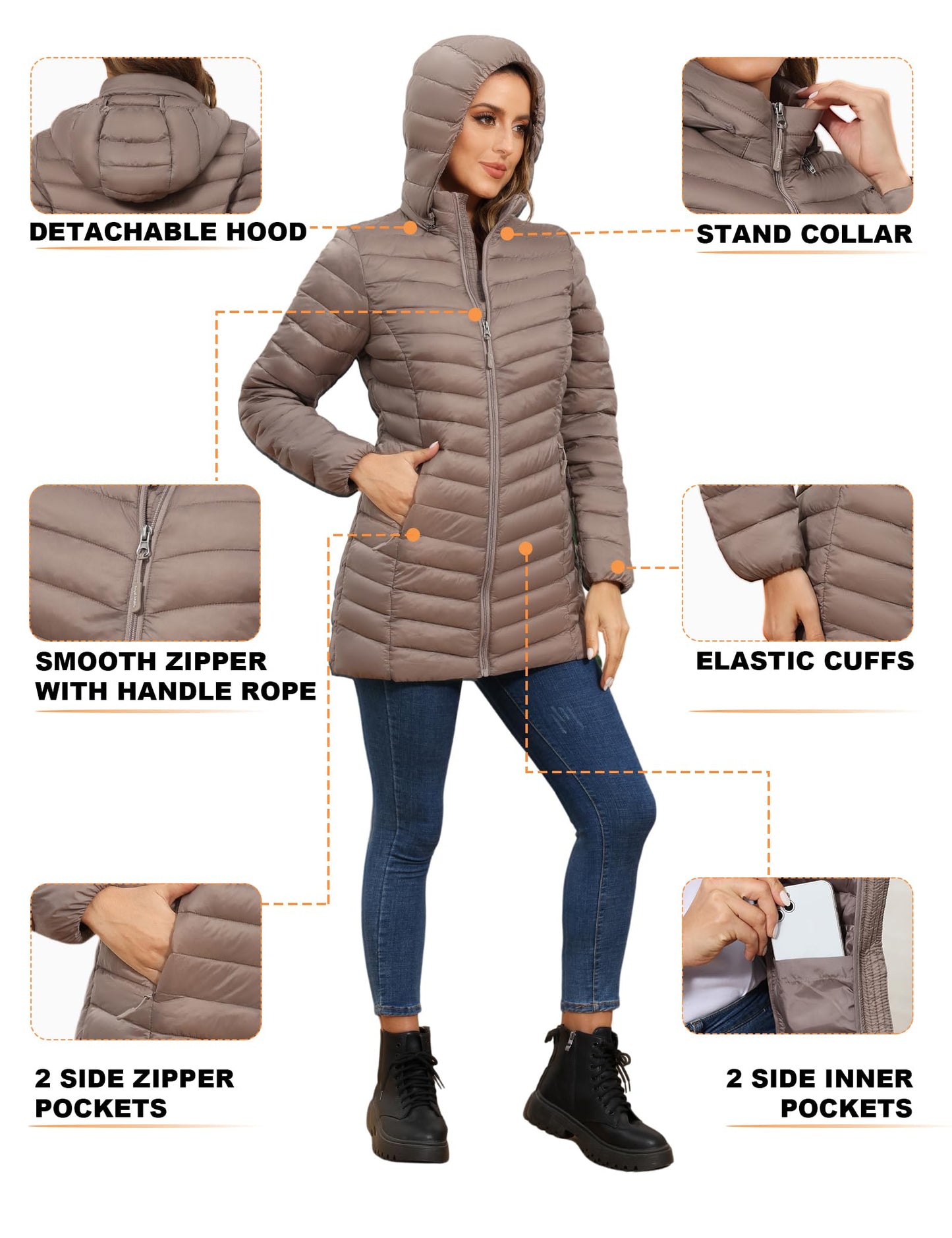 ROYAL MATRIX Women's Packable Puffer Jacket - Lightweight Winter Warm Long Quilted Puffer Coat with Detachable Hood (Khaki, XXL)