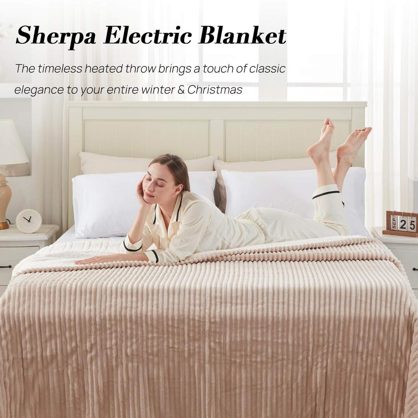 Westinghouse Electric Blanket Twin, Soft Ribbed Flannel to Sherpa Heated Blanket with 10 Heating Levels & 1-12 Hours Auto Shut Off, Fast Heating & Machine Washable, 62x84 Inch, Beige
