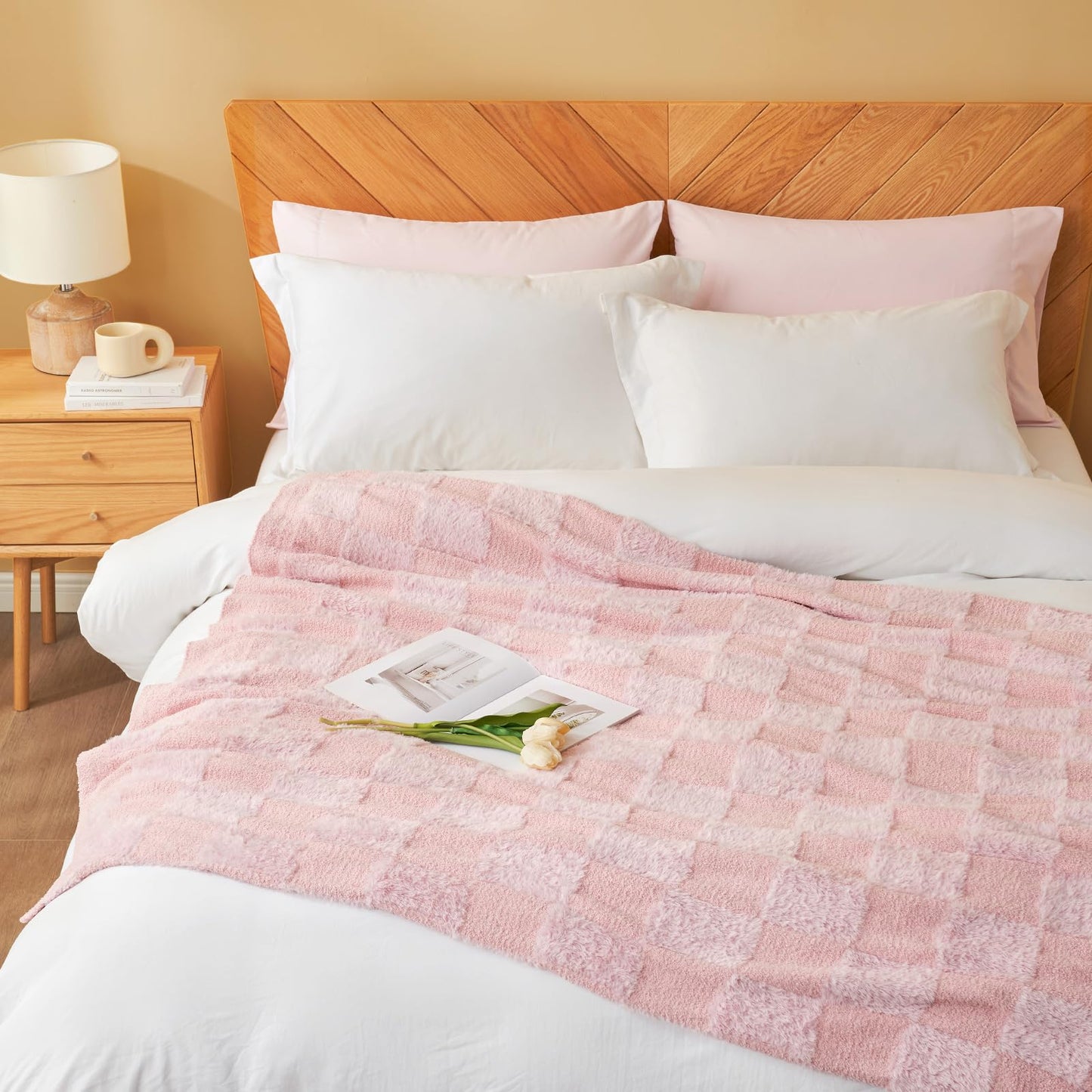 Snuggle Sac Pink Checkered Throw Blanket,Fluffy Faux Fur Knitted with Soft Microfiber Warm Throw Blankets for Couch, Sofa, Chair, Bed, Solid Pink, 50x60 inches