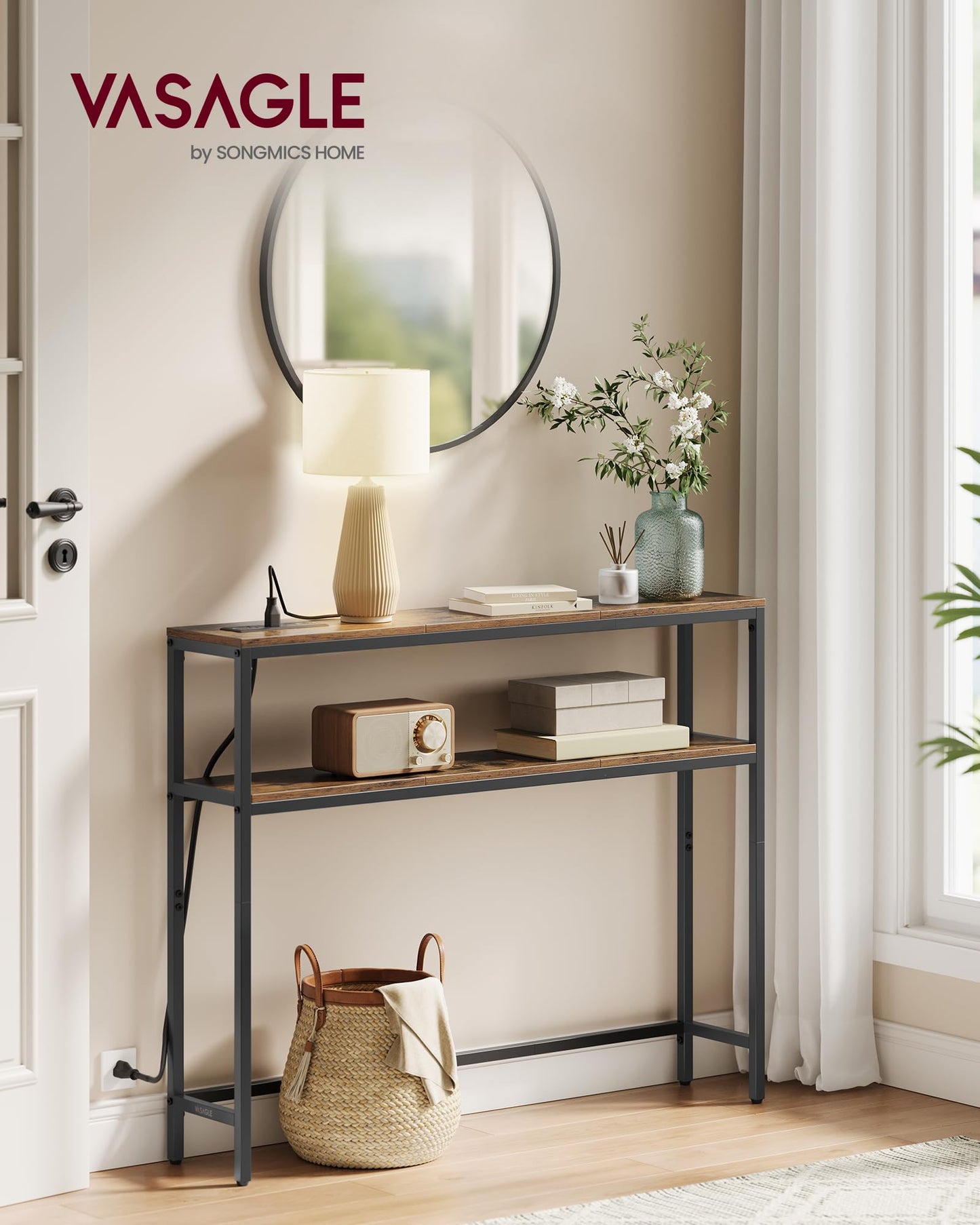 VASAGLE Console Table with Power Outlet, 2-Tier Narrow Sofa Table with 2 Shelves, 7.9 x 39.4 x 31.5 Inches, for Living Room, Hallway, Entryway, Rustic Brown and Ink Black ULNT136K01
