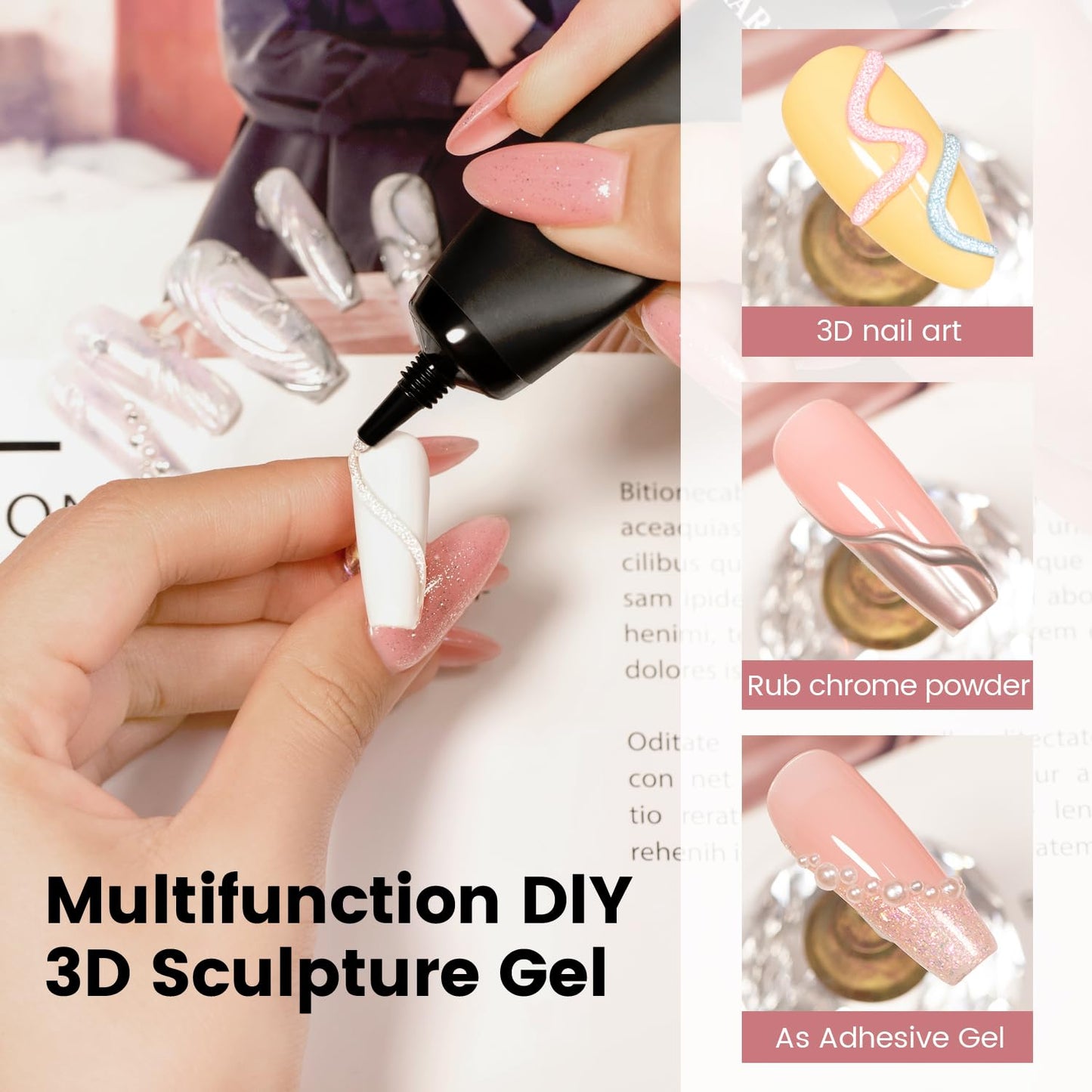 RARJSM 3D Nail Art Sculpture Gel Nail Polish Silver White Glitter Nail Charms Rhinestone Glue No Wipe DIY Drawing Hard Nail Craving Sculpting Gel UV LED Curing Requires Nail Decoration Manicure Design