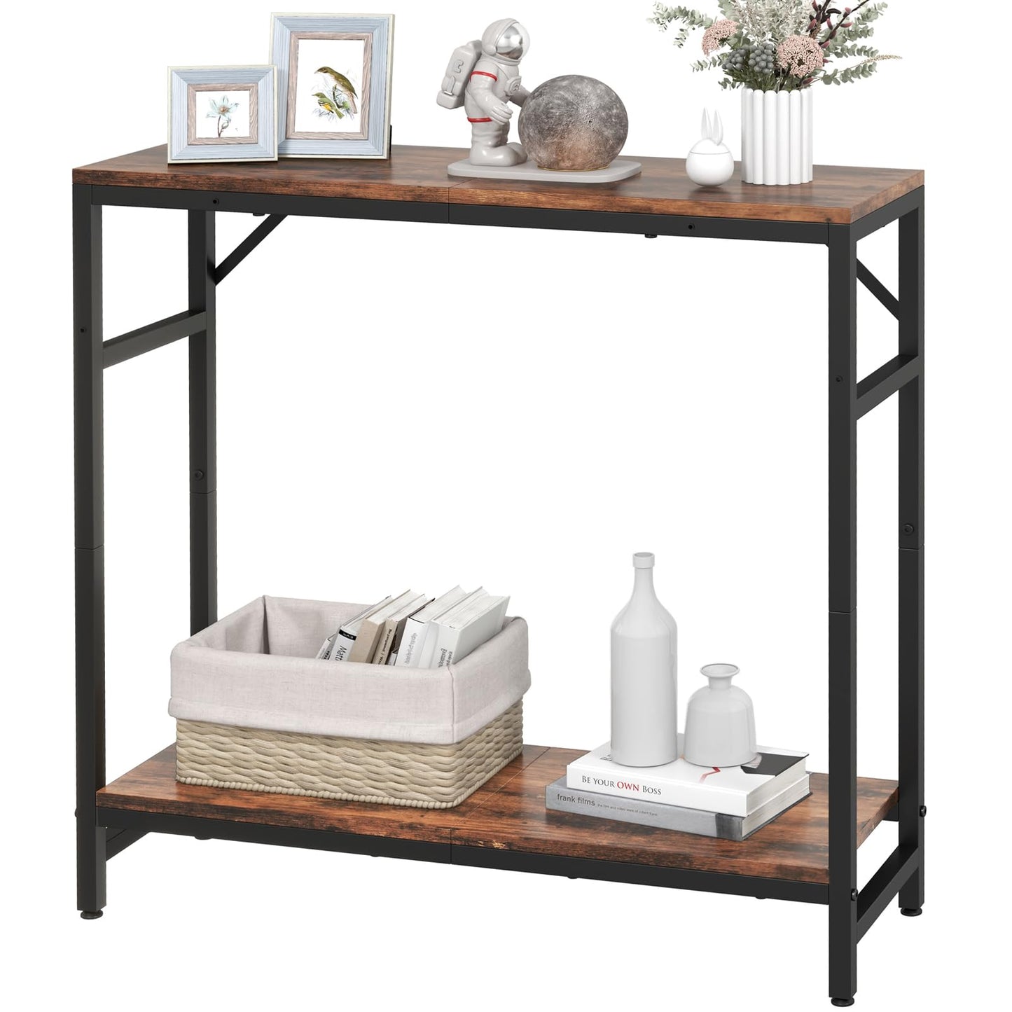 Livofloral Narrow Console Table, Small Entryway Table with 2 Support Bar, 2 Tier Sofa Table, 29.5" Thin Couch Table, Display Table, Side Table for Living Room, Hallway, Bedroom, Rustic Brown