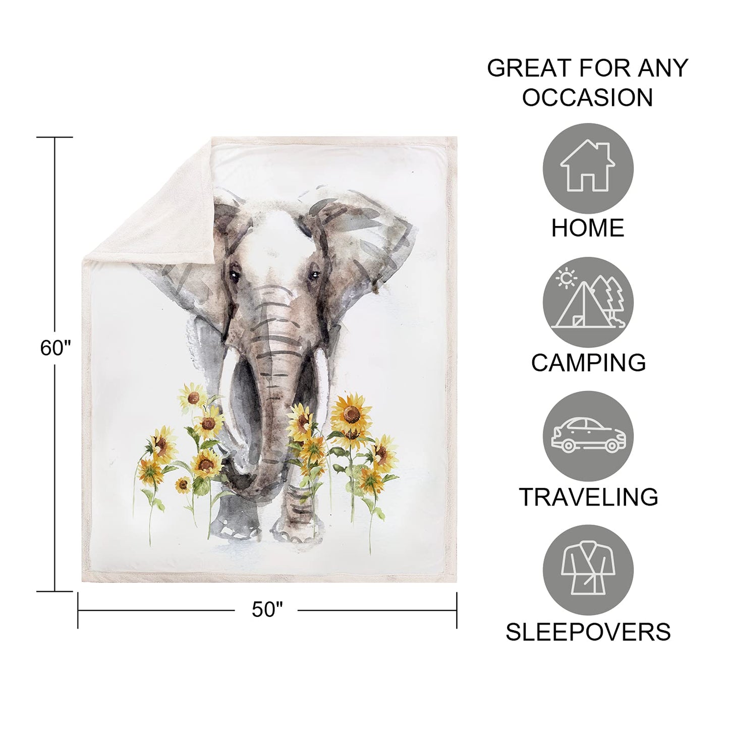 Elephant Blanket Sherpa Fleece Throw, Sunflower Gifts for Women Adults, Super Soft Warm Cozy Plush Bed Throws for Couch Sofa 50" x60"