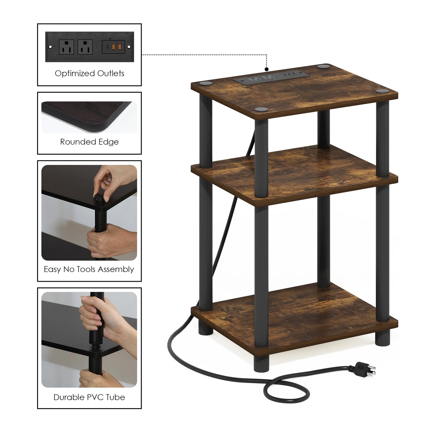 Furinno Just 3-Tier Turn-N-Tube USB and Type-C Charging Port End Table with Open Storage, 11.42 (W) x 8.82 (H) x 6.77 (D) inches, Amber Pine/Black