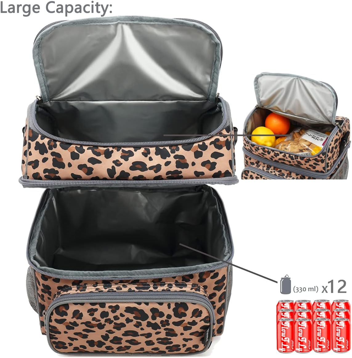 FlowFly Double Layer Cooler Insulated Lunch Bag Adult Lunch Box Large Tote Bag for Men, Women, With Adjustable Strap,Front Pocket and Dual Large Mesh Side Pockets
