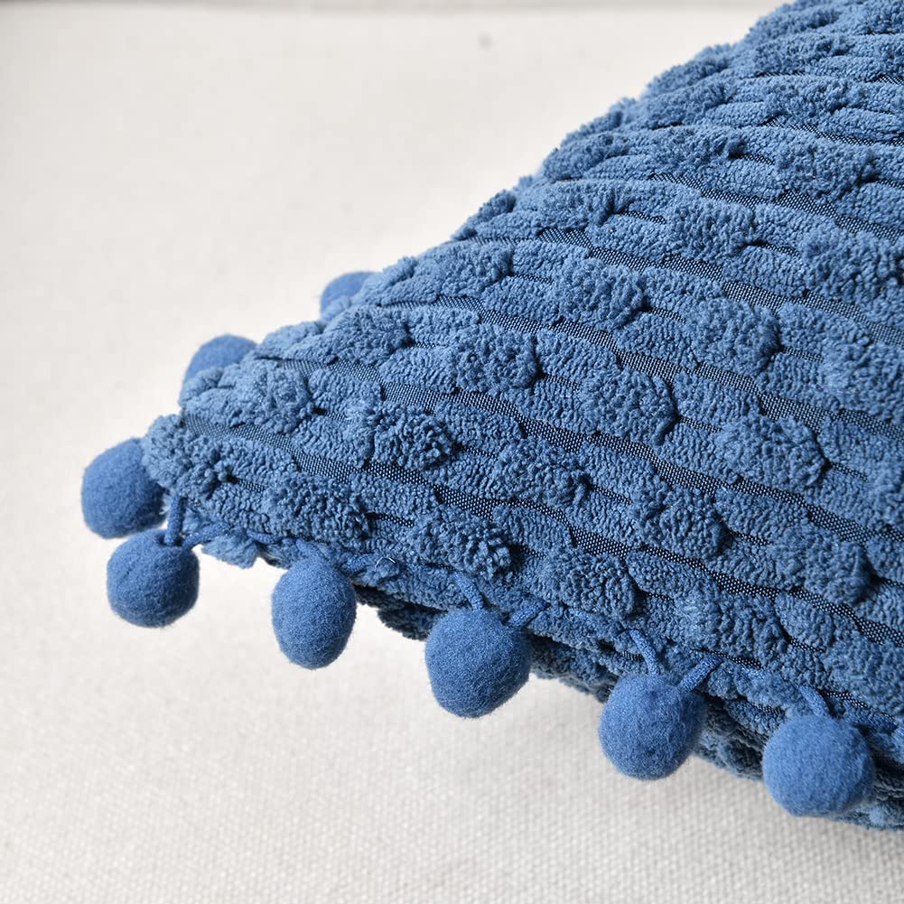 Fancy Homi Set of 2 Dusty Blue Decorative Throw Pillow Covers 18x18 Inch with Pom-poms for Couch Bed Sofa, Rustic Farmhouse Boho Home Decor, Soft Plush Corduroy Cute Cushion Case 45x45 cm