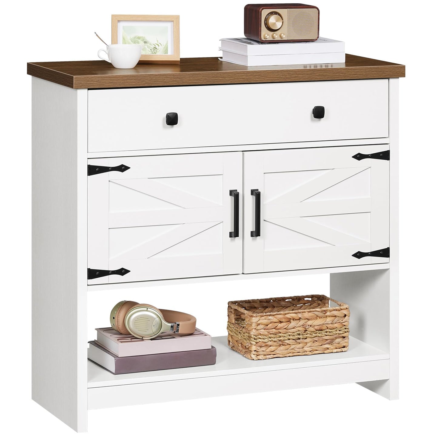HOOBRO 34.3 Inches Farmhouse Console Table with Large Drawer and 2-Door Cabinet, Entryway Table with Storage, Sofa Table, Coffee Bar, for Entrance, Kitchen, Living Room, Walnut and White WH90XG01