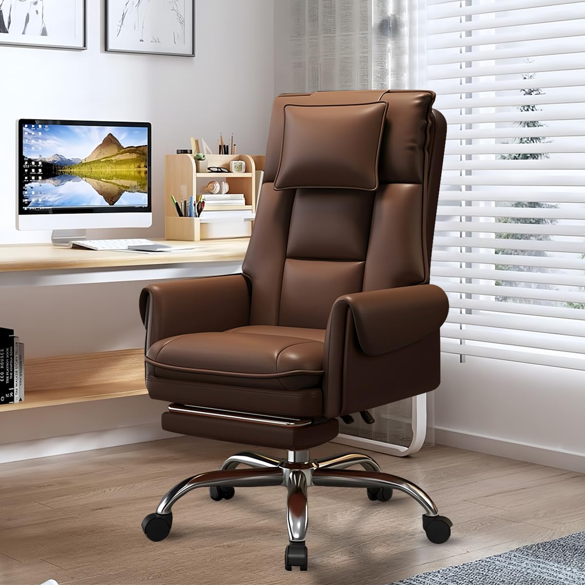 SJZNOI Ergonomic Office Chair with Foot Rest High Back Executive Desk Chair PU Leather Gaming Chair with Wheels