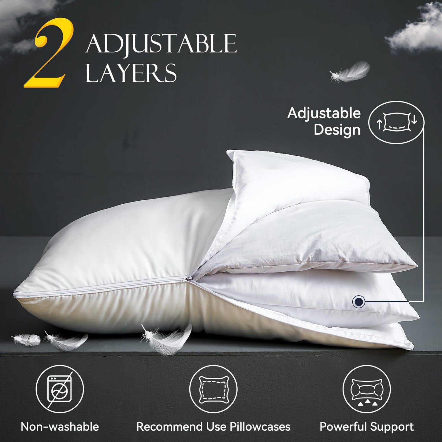 Down Feather Pillows with Adjustable Loft, Adjustable Firmness Bed Pillows Queen Size, Soft and Supportive Hotel Collection Pillow for Back Stomach Side Sleepers, Oeko-TEX Certified (20" x 30")