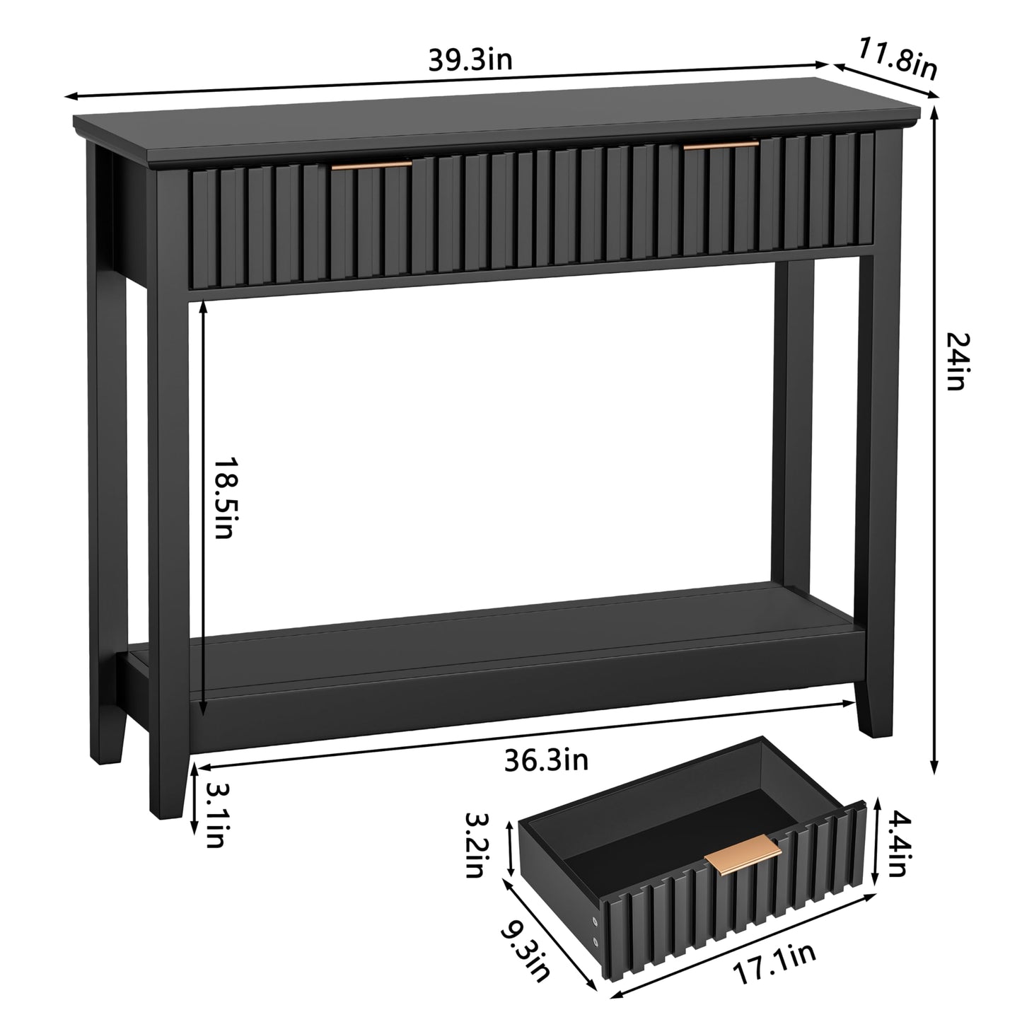 Alaxgumrol 39 inch Entryway Table with Storage, Narrow Console Table with 2 Drawers, Modern Sofa Table with Open Storage Shelf for Living Room, Foyer Hallway, Black