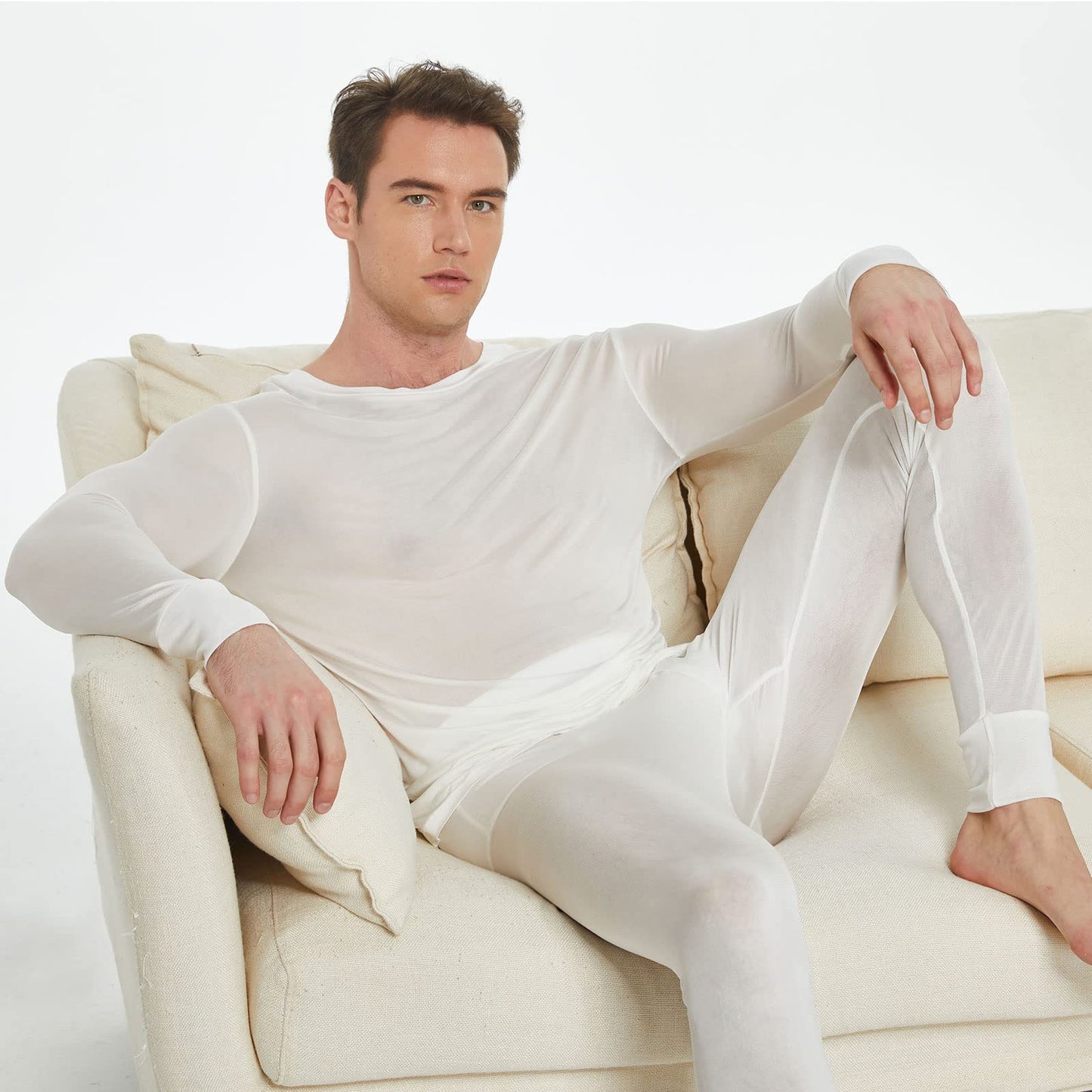 Men's Pure Mulberry Silk Knitted Thermal Underwear Long Johns Bottom(Pants Only) White