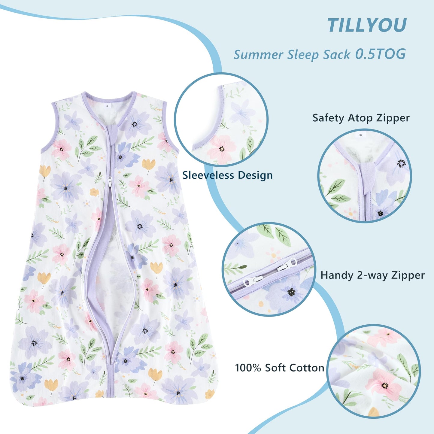 TILLYOU Sleep Sack 6-12 Months - 0.5 TOG Baby Wearable Blanket with 2-Way Zipper, Lightweight Cotton Summer Sleeping sack 2 Pack, Brilliant little flowers and purple