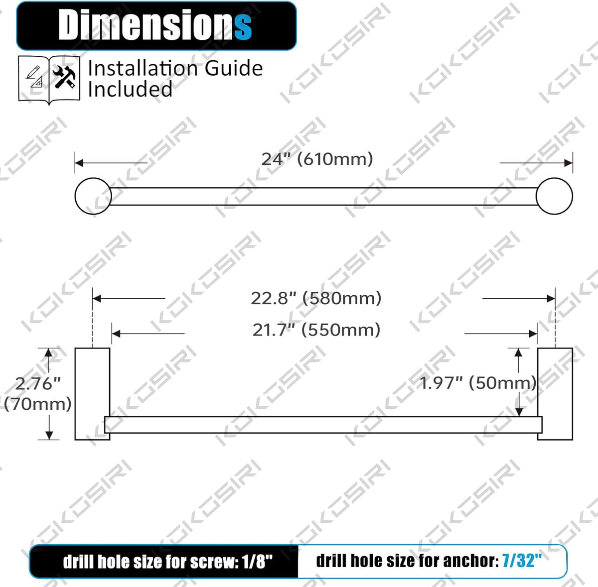 KOKOSIRI Towel Rack Chrome 24-Inch Towel Bar for Bathroom Wall Mount Single Rod Bathroom Lavatory Accessories Polished Stainless Steel, B4007CH-L24
