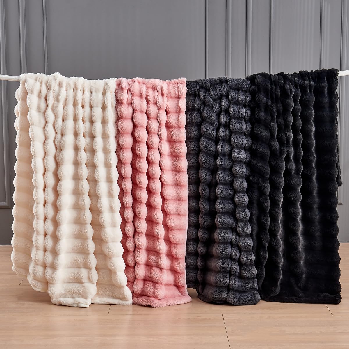 Gusuhome Faux Fur King Couch Blanket - Luxurious Faux Rabbit Fur Bed Blanket Reversible - Cozy Warm Fluffy Fuzzy Plush Striped - 90x106 Inches Black