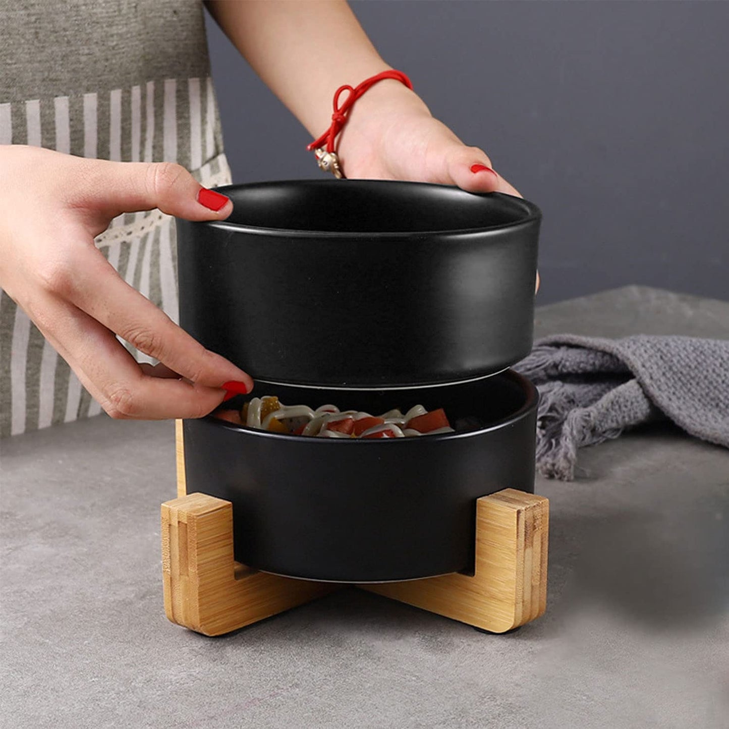 Petygooing Ceramic Dog Cat Bowls Set with Stand,Black Pet Food and Water Bowl,Small Dog Bowls Cute Modern Anti Slip Set of 2 Pet Feeder Small Size Pet Dish(13.5OZ/5.1 in)