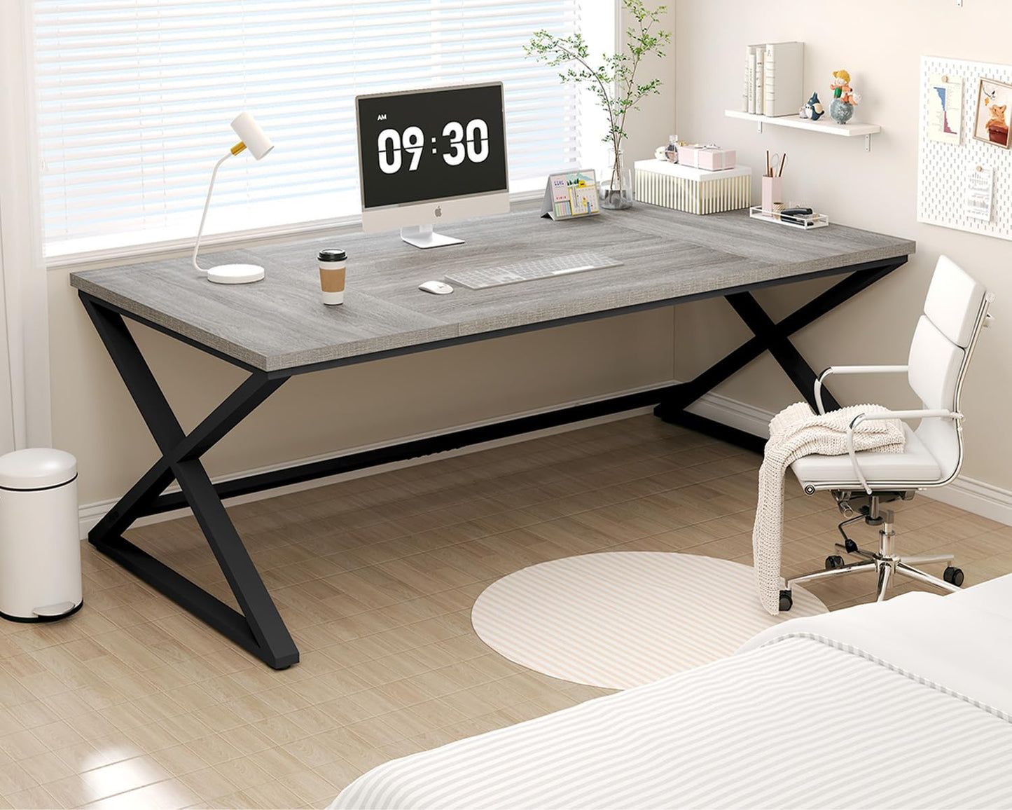 IBF Large Home Office Computer Desk, Industrial Long Work Study Writing Desk, Simple Executive Conference Table for 2 Person, Wood Metal Double Pc Gaming Workstation in Bedroom, Light Grey Oak, 70 in