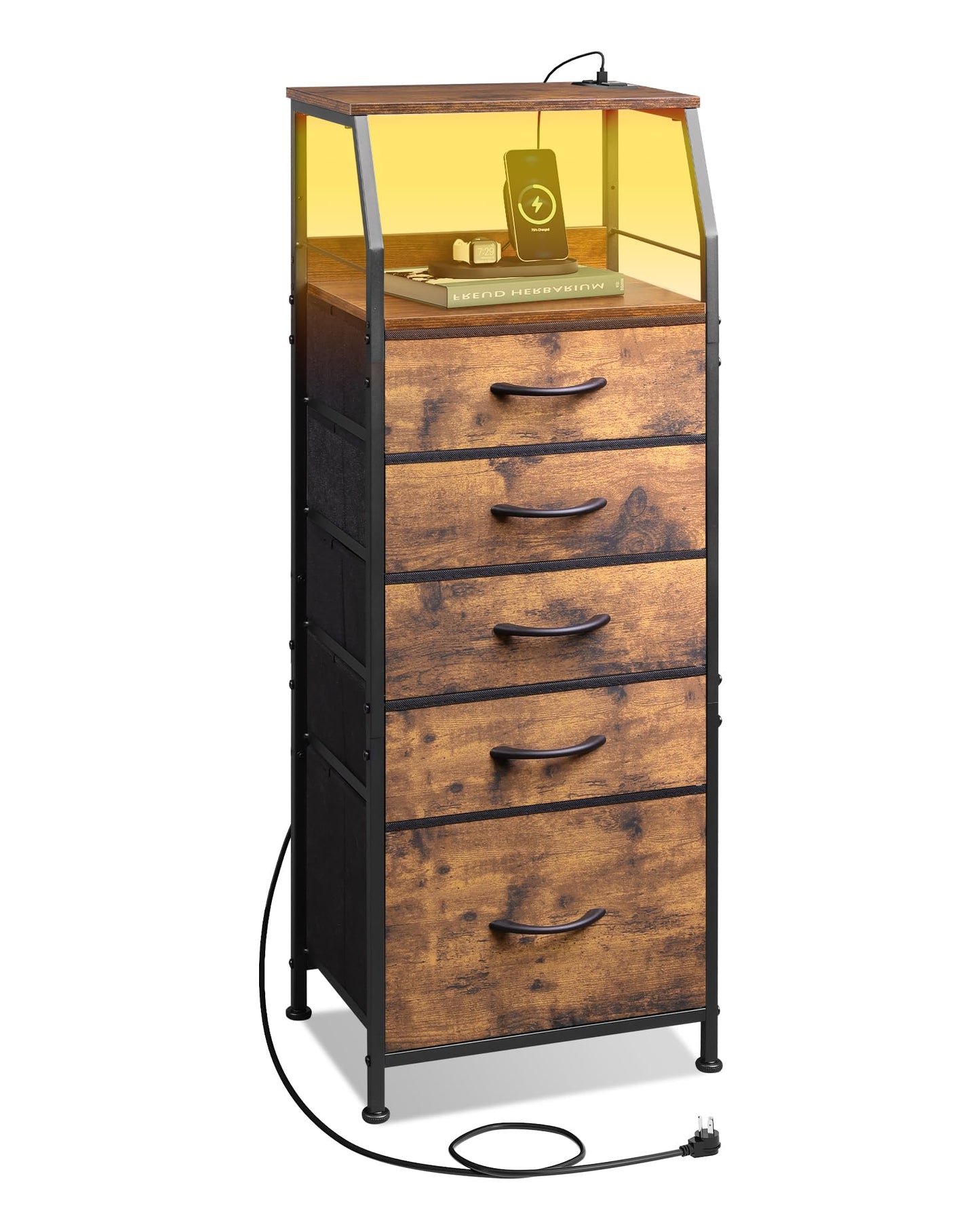 WLIVE LED Nightstand with Charging Station, Fabric Dresser with 5 Drawers for Bedroom, Tall Night Stand with Open Shelves, Bed Side Tables Living Room, Rustic Brown
