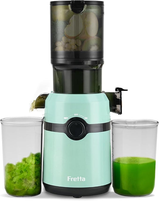 Juicer Machines,Fretta Cold Press Juicer with Large Feed Chute,Fit Whole Fruits & Vegetables,High Juice Yield,BPA-Free,PCTG Material from US (Sky Blue, 1.0 L)
