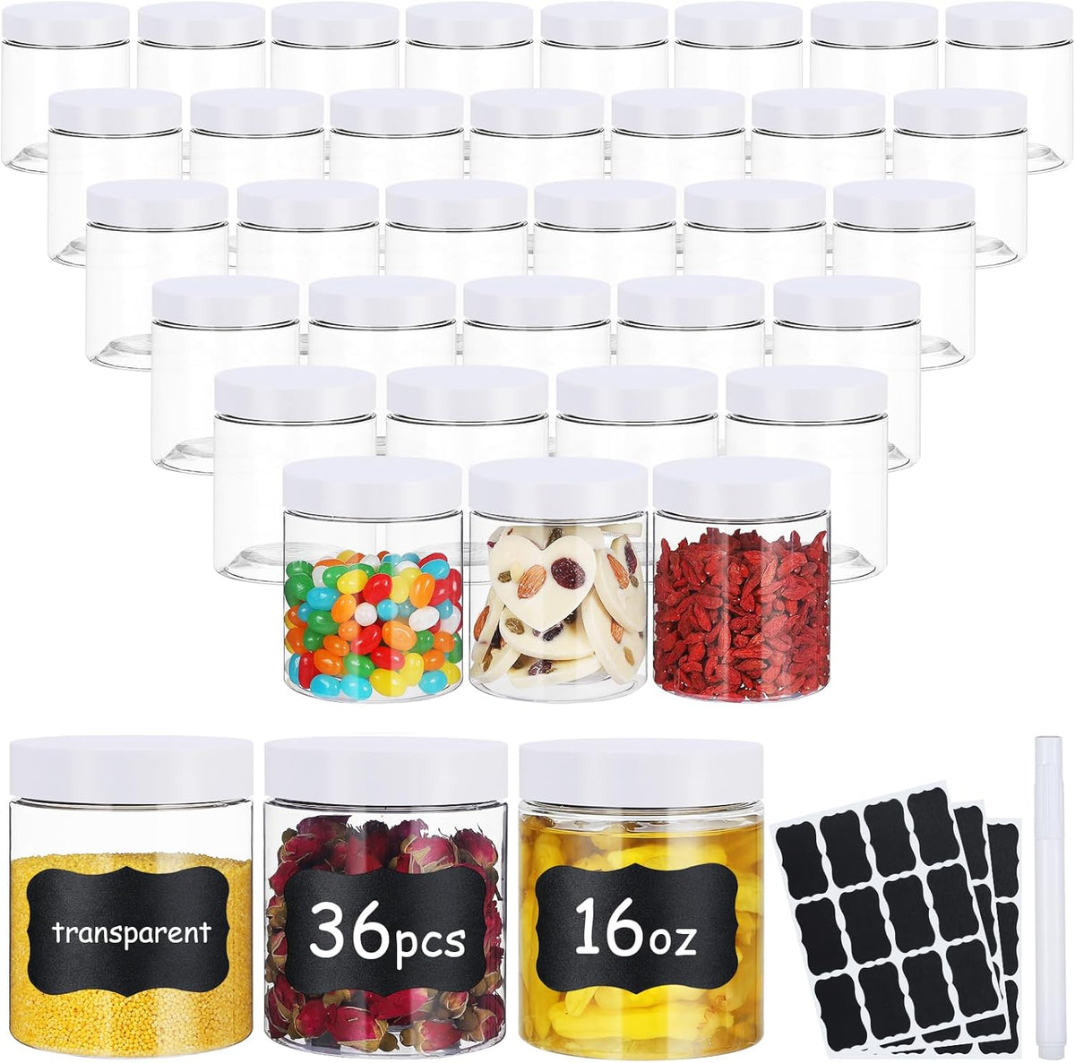 36pcs 16 oz Plastic Containers with Lids Labels Leak Proof BPA Free Airtight Refillable Clear Small Containers Storage Jars for Storing Dry Food Slime Honey Jam,white