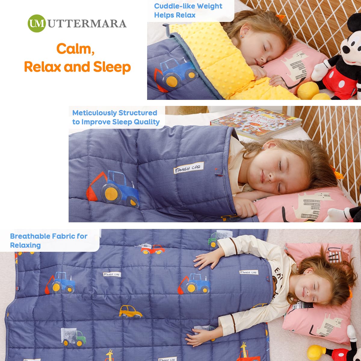 Uttermara Weighted Blanket 3 lbs, Ultra Cozy Minky Fleece and Cotton Sided with Cartoon Patterns, Reversible Heavy Blanket Great for Calming and Sleeping, 36x48 inches, Blue Car World