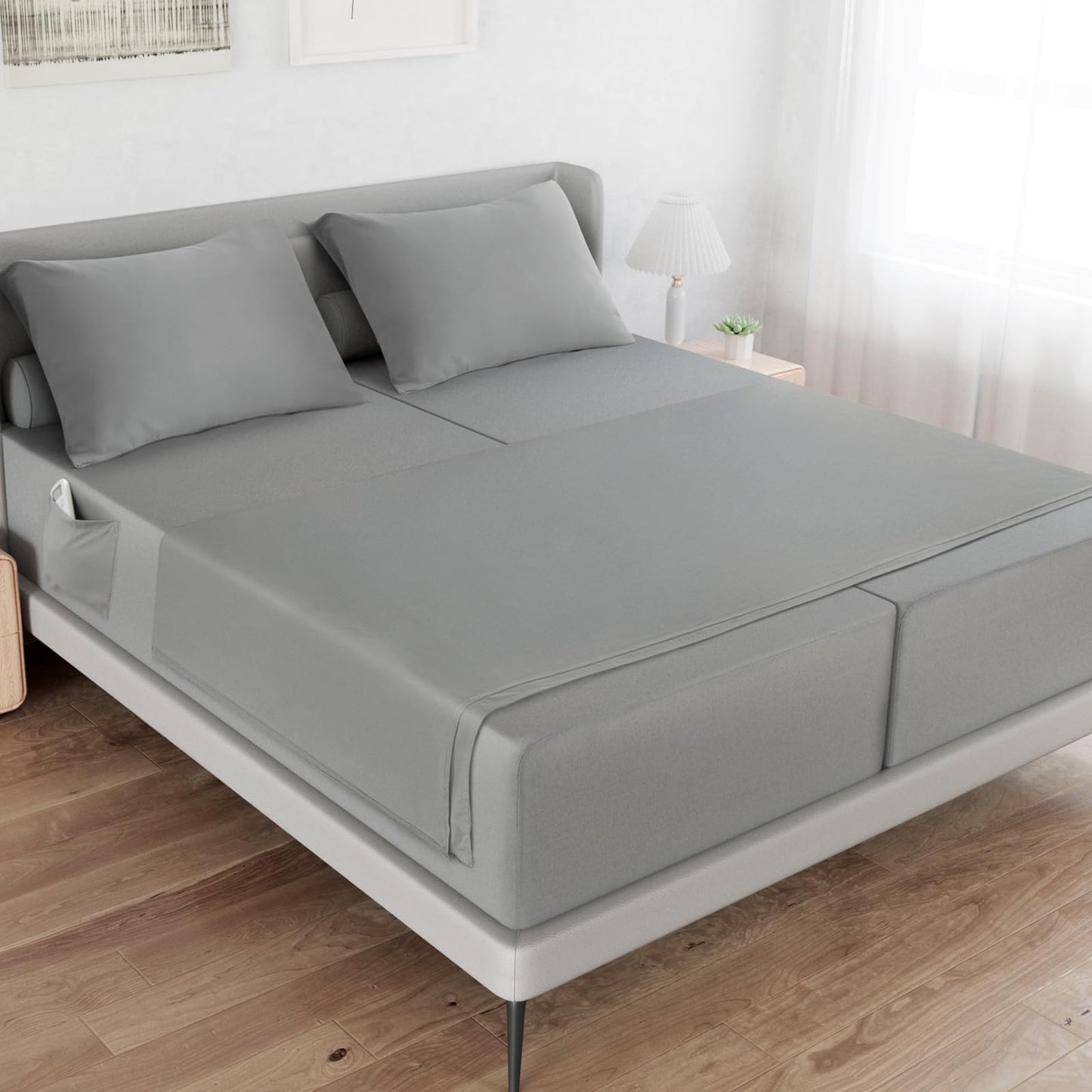 Split King Sheets Sets - 5 Piece Adjust Bed Set - Deep Pocket - Breathable & Fade Resistant Easy Fits 16in to 24in Pillow Top Bed Mattress - Grey