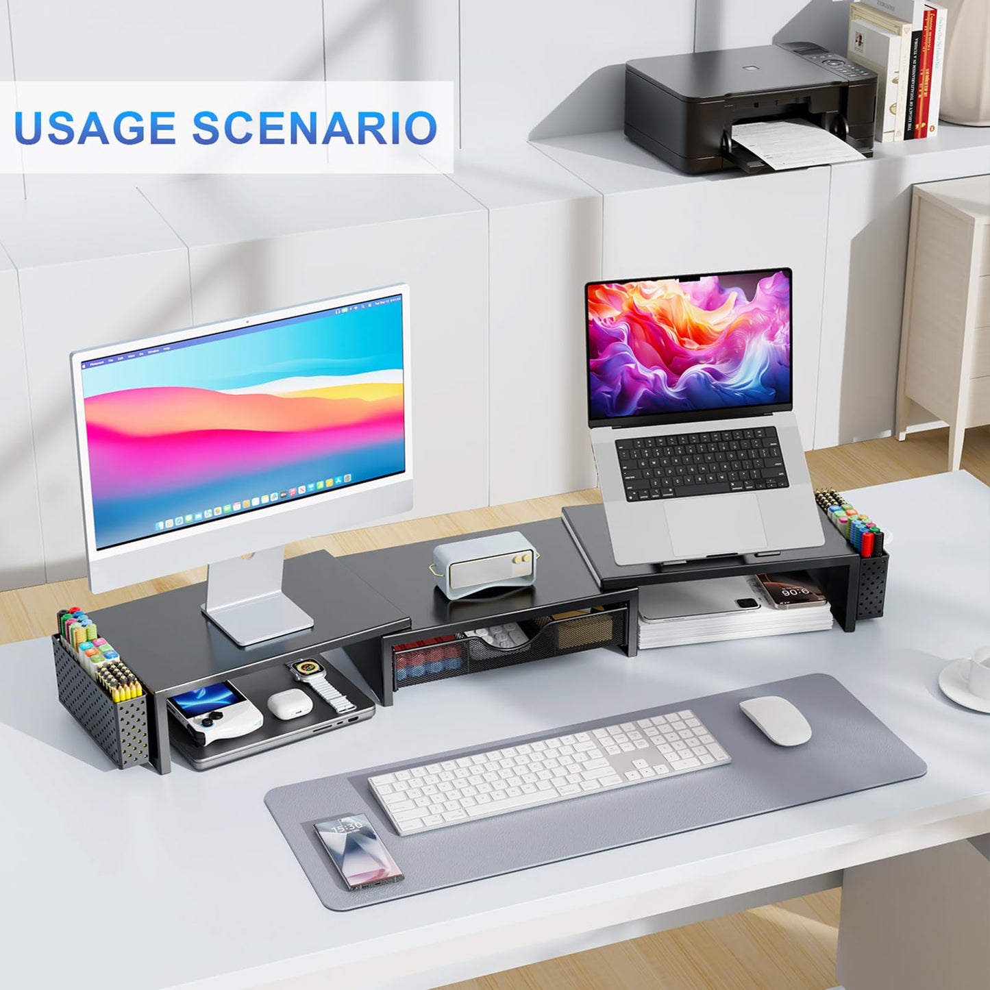 gianotter Dual Monitor Stand Riser, Desk Organizer With Drawer and 2 Pen Holders, Computer Monitor Stand, Desk Shelf for Top of Desk, Balck