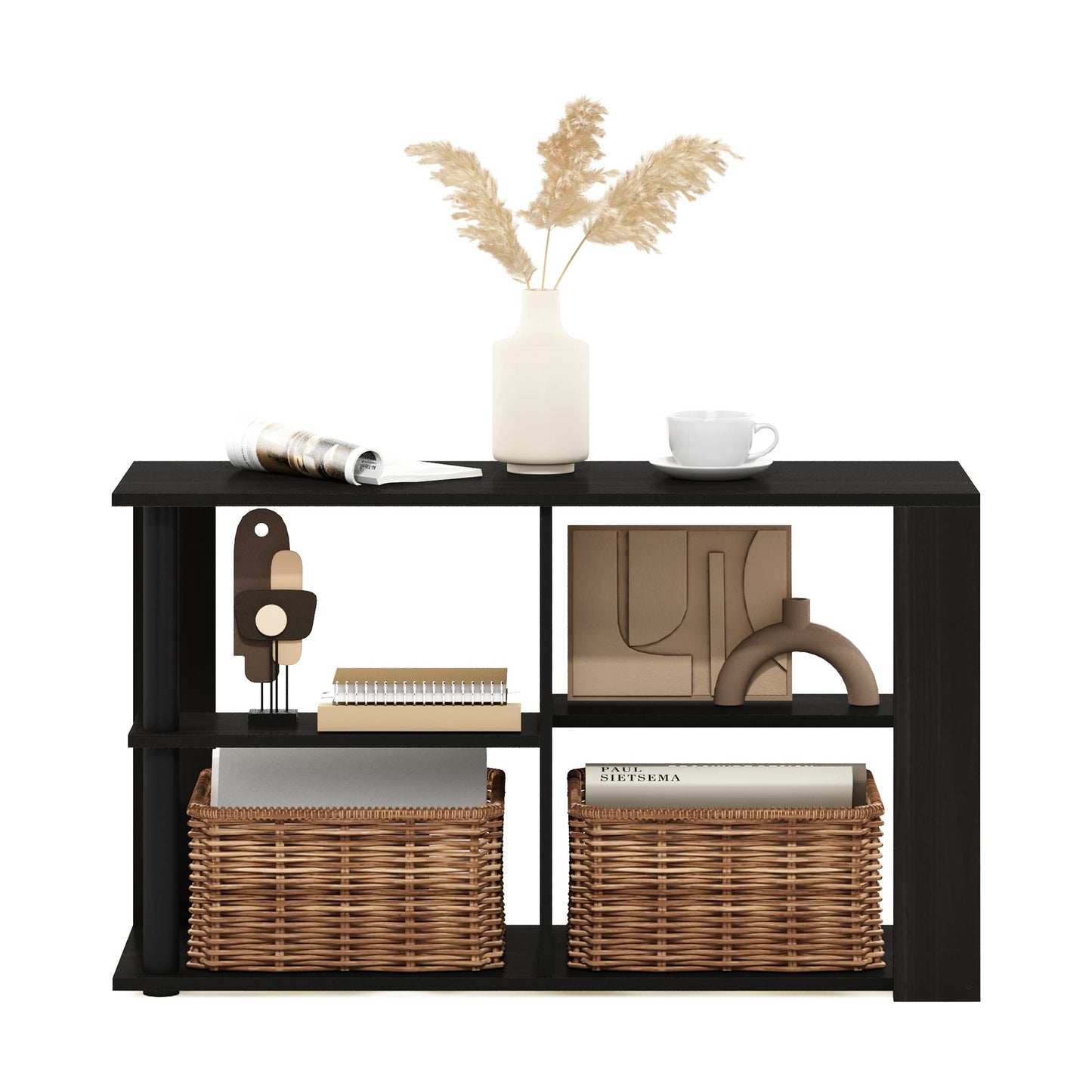 Furinno Romain Narrow End Table with Shelves, Espresso/Black