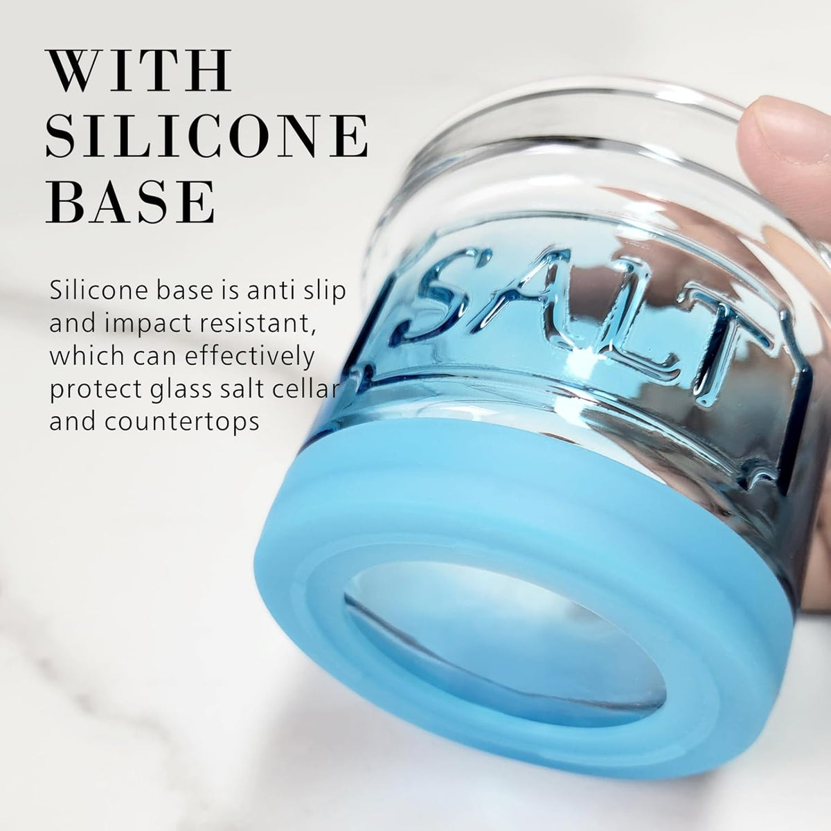 Glass Salt Cellar with Lid Salt Container with Spoon for Countertop Embossed Pattern Salt Box for Storing Sea Salt Flaky Salt Spice 12oz Capacity Holder,Gradient Blue