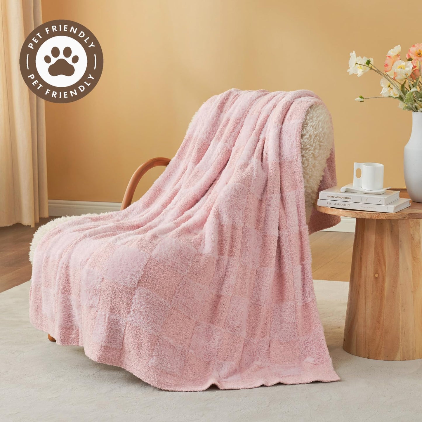 Snuggle Sac Pink Checkered Throw Blanket,Fluffy Faux Fur Knitted with Soft Microfiber Warm Throw Blankets for Couch, Sofa, Chair, Bed, Solid Pink, 50x60 inches