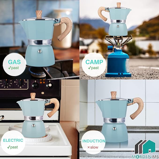 MORDEN MS Moka Pot, Stovetop Espresso Maker 6 Cup/10 OZ Italian Coffee Maker Camping Coffee Pot Manual Cuban Coffee Percolator for Cappuccino or Latte - Blue