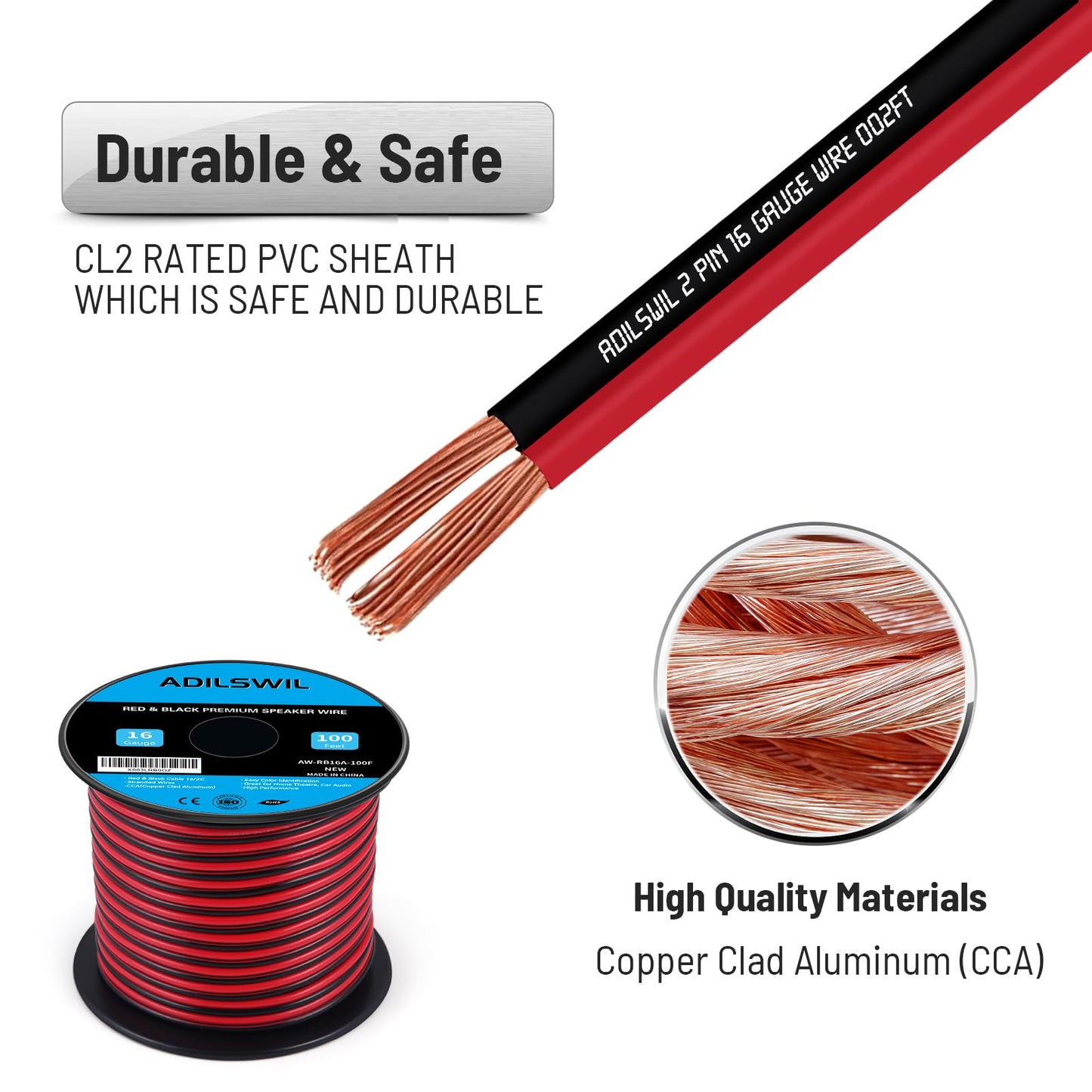 16AWG 100FT Speaker Wire, 2 Conductors Electrical Red Black Cable Hookup LED Lighting Strips Flexible Wire Extension Cord 16 Gauge Copper Clad Aluminum Copper Wire 12V/24V DC Cable