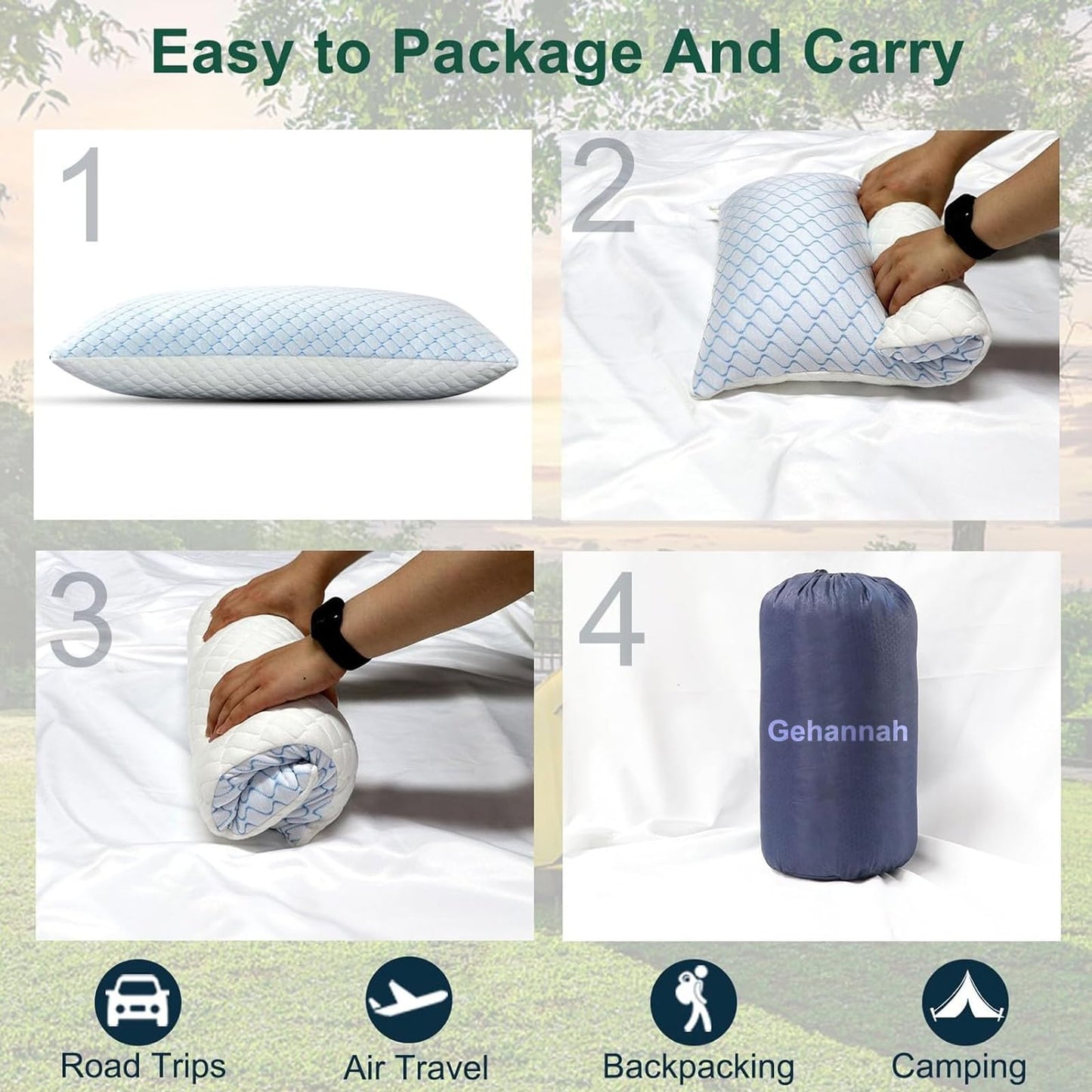 Gehannah Travel Pillow - Large 1 Pack Compressible Camping Pillow for Sleeping - Shredded Memory Foam with 1 Storage Bags - Supportive for Adults, Kids, Outdoor, Backpacking, Hiking Gear