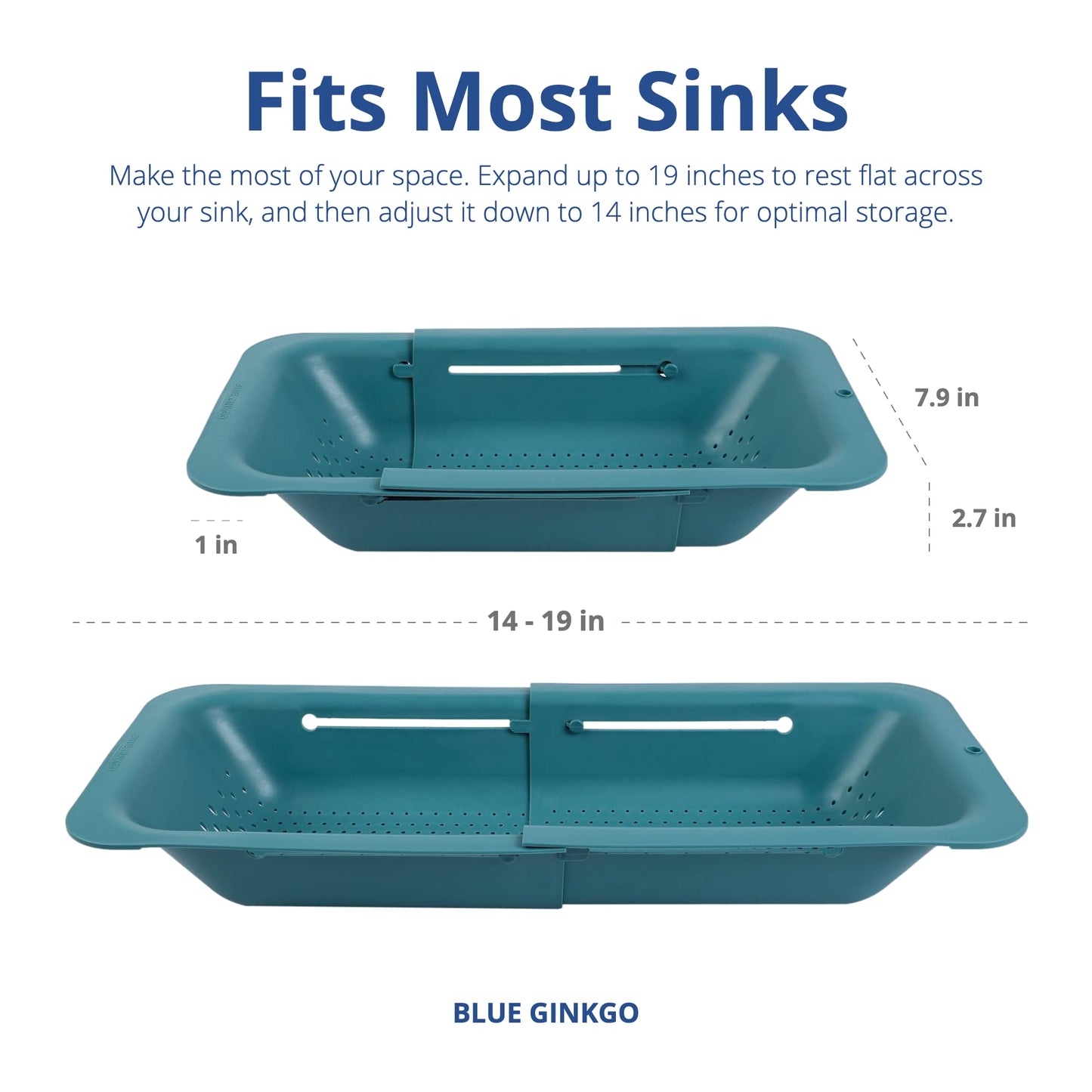 BLUE GINKGO Over the Sink Colander Strainer Basket - Wash Vegetables and Fruits, Drain Cooked Pasta and Dry Dishes - Extendable - New Home Kitchen Essentials (7.9 W x 14.5-19.5 L x 2.75 H) - Teal