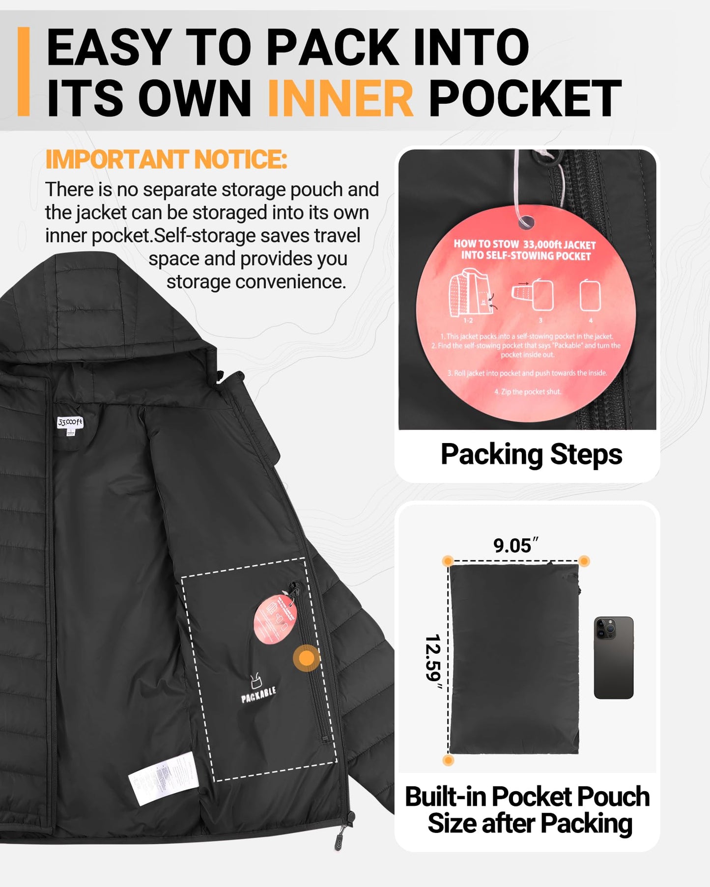 33,000ft Women's Hooded Packable Puffer Jacket Lightweight Warm Puffy Quilted Winter Coat