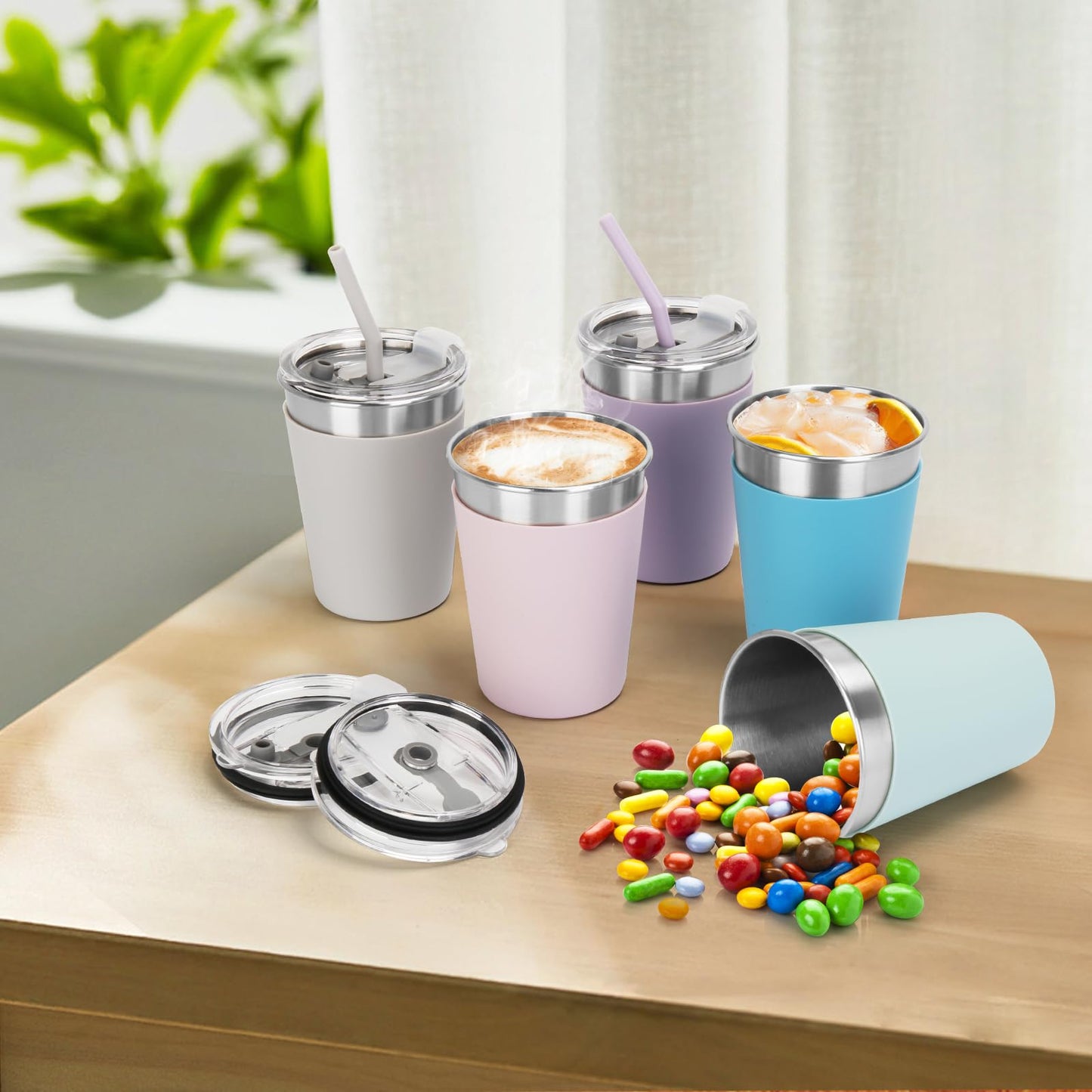 Rommeka Stainless Steel Sippy Cup, 5-Pack Kids & Toddler Cups with Silicone Sleeves and Straws, Dishwasher Safe, 12 Oz Kids Tumblers For Travel or At Home