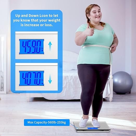 Bathroom Scale 560lbs High Capacity Scale for Body Weight Extra Large Platform Backlit Display Digital Scales with Tape Measure & Battery(Silver)
