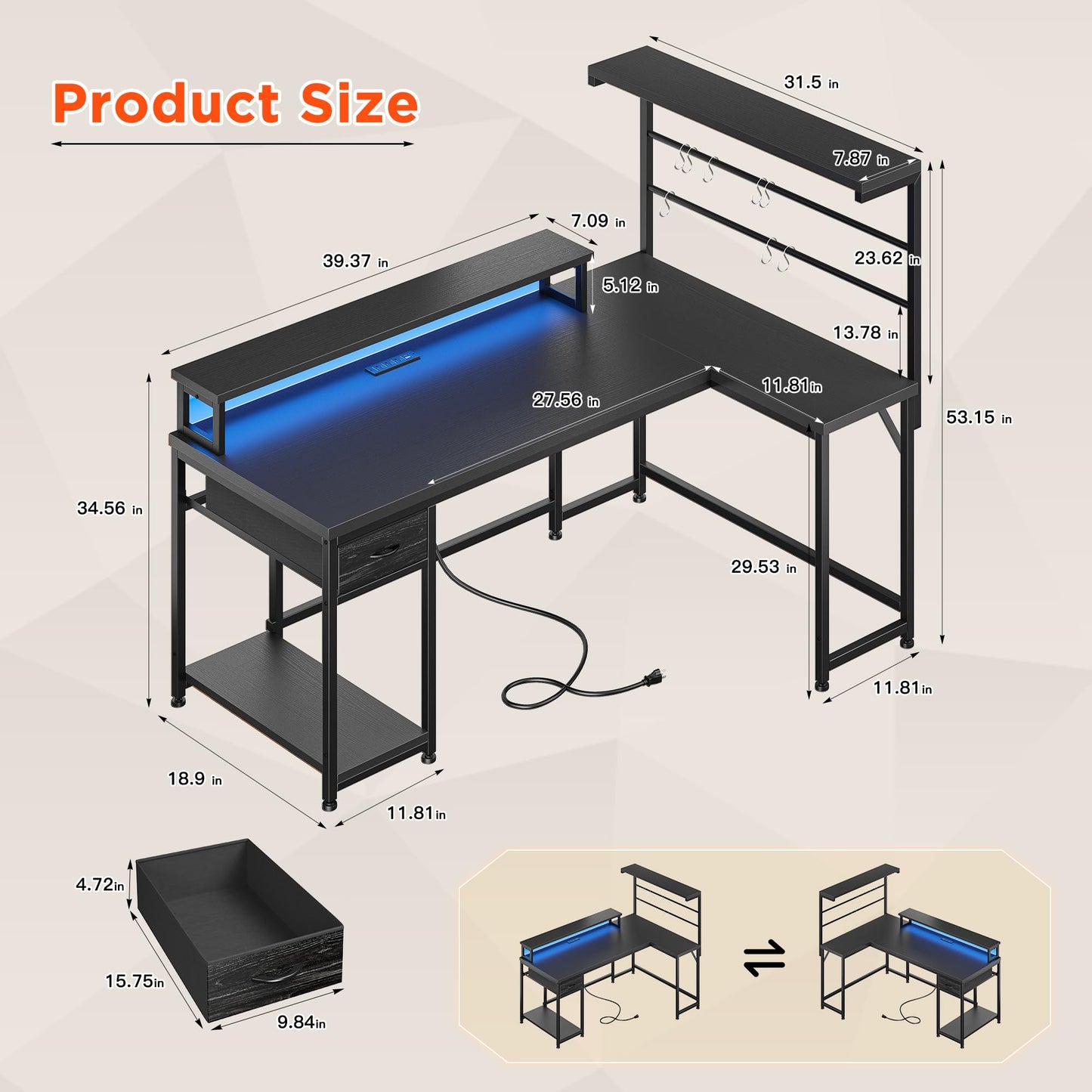 EnHomee L Shaped Gaming Desk with LED Light & Power Outlet, Reversible Computer Desk with Hutch & Drawer, Home Office Desks with Hooks & Monitor Stand, Black