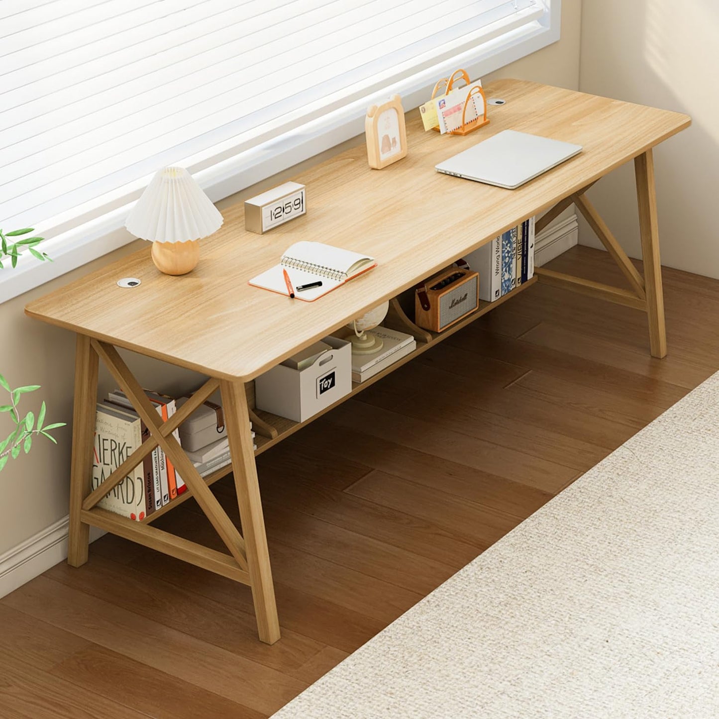 NELYE Extra Long Desk with Bookshelf - Solid Wood Home Office Work Study Table, 2-Person Writing Computer Workstation with Storage Shelf in Oak, 71" Wx24 Dx30 H