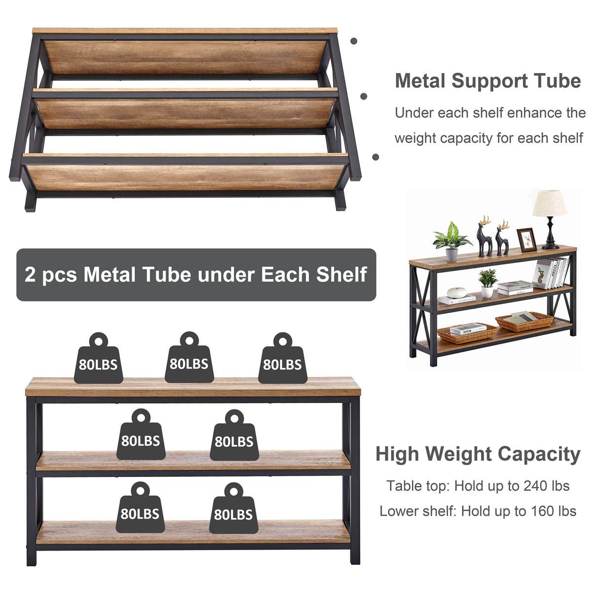 FATORRI Industrial Console Table for Entryway, Wood Sofa Table, Rustic Hallway Tables with 3-Tier Shelves for Living Room (55 Inch, Rustic Oak)