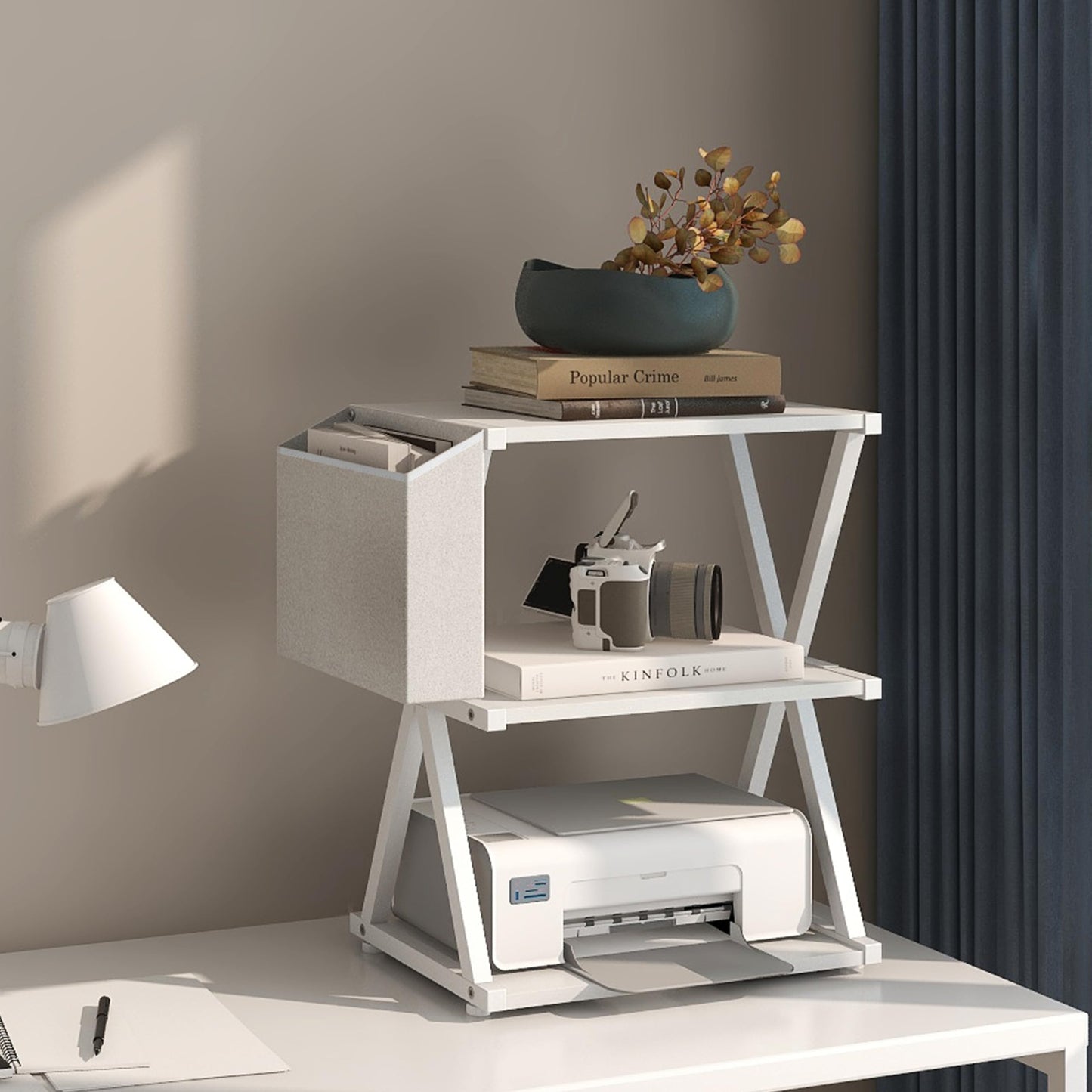 VEDECASA White Mobile Printer Stand 3 Tier Wood Shelf Metal Frame Printer Cart with Storage Bag for Home Office Modern Under Desk Table Side Printer Cart with Rolling Caster Wheel
