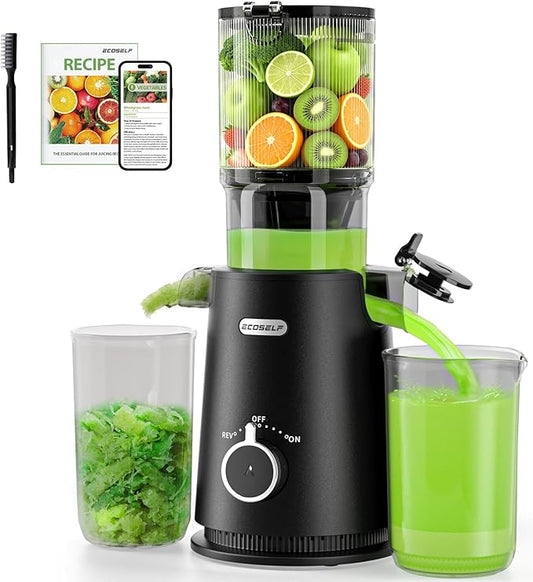 ECOSELF Juicer Machines - Wide Mouth Feed Chute For Fruits and Leafy Greens - Juice Extractor Machine With Self Feeding & Hands-Free Design For Family - Cold Press Juicer Easy to Clean（With Brush）