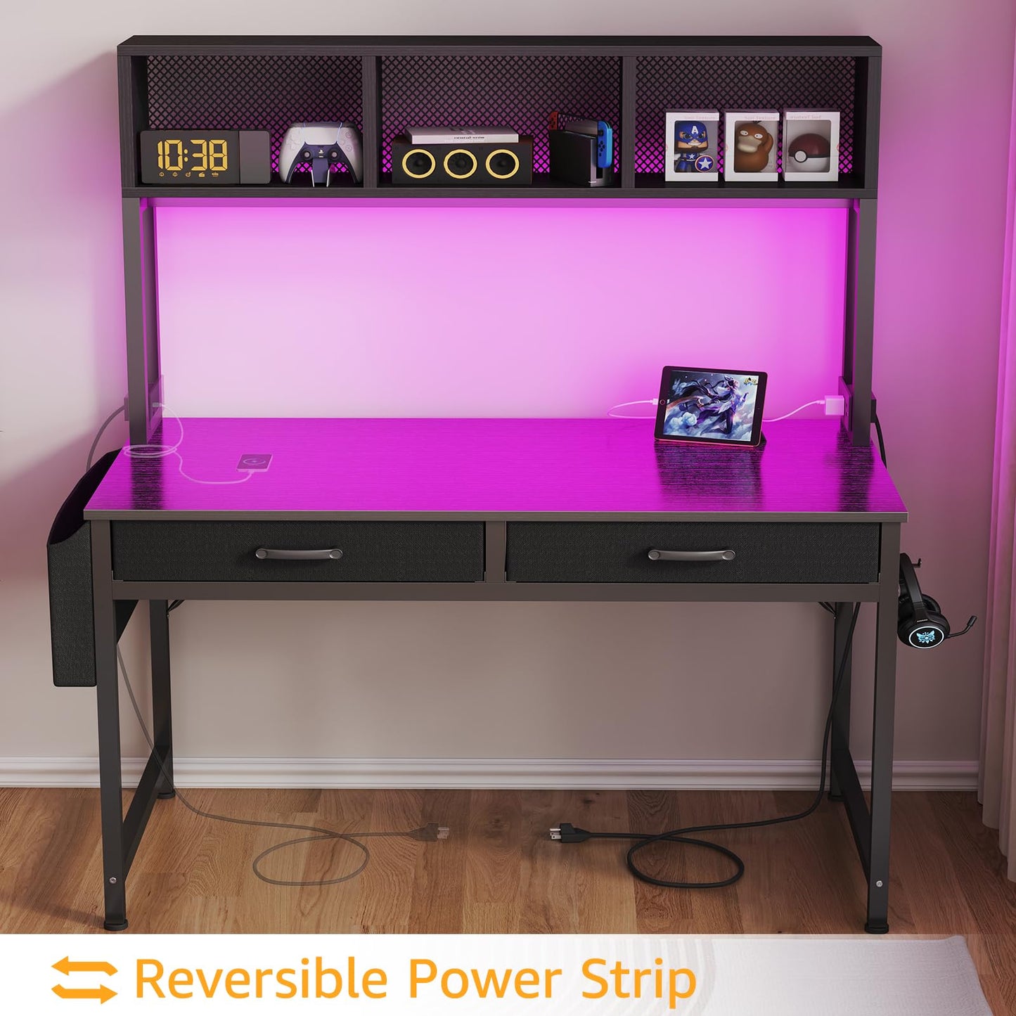 Black Gaming Desk with Hutch and Shelves - Gaming Computer Desk with 2 Storage Drawers, LED Light and Power Outlets, 47 Inch Working Modern Writing Study Desks for Bedroom Home Office