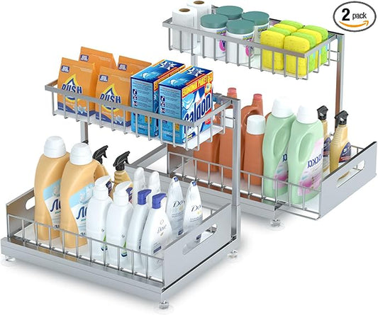 Saydear Under Sink Organizer Storage 2-Tier Premium Metal Pull-Out Kitchen Cabinet Organizer with Sliding Drawer, Height Adjustable, Heavy Duty for Kitchen & Bathroom Organizers 2 Pack Grey