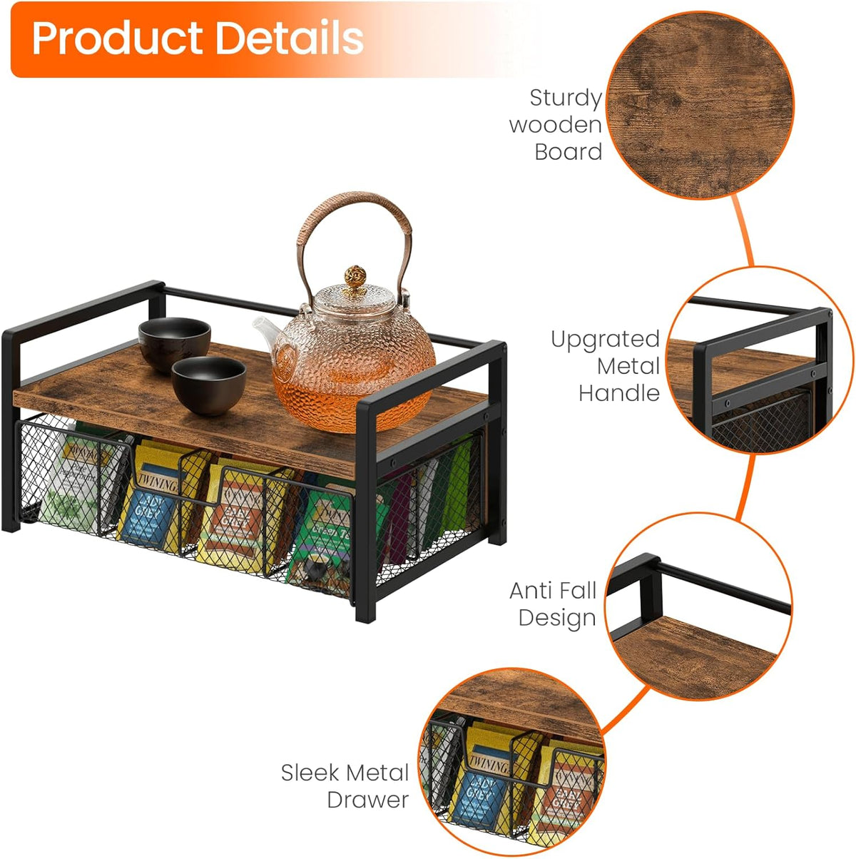 Homode Tea Bag Organizer, Wood Tea Organizers and Storage Chest, Teabag Holder with Storage Drawer,Tea Station Chest Display Container Box for Countertop Kitchen, Rustic Brown