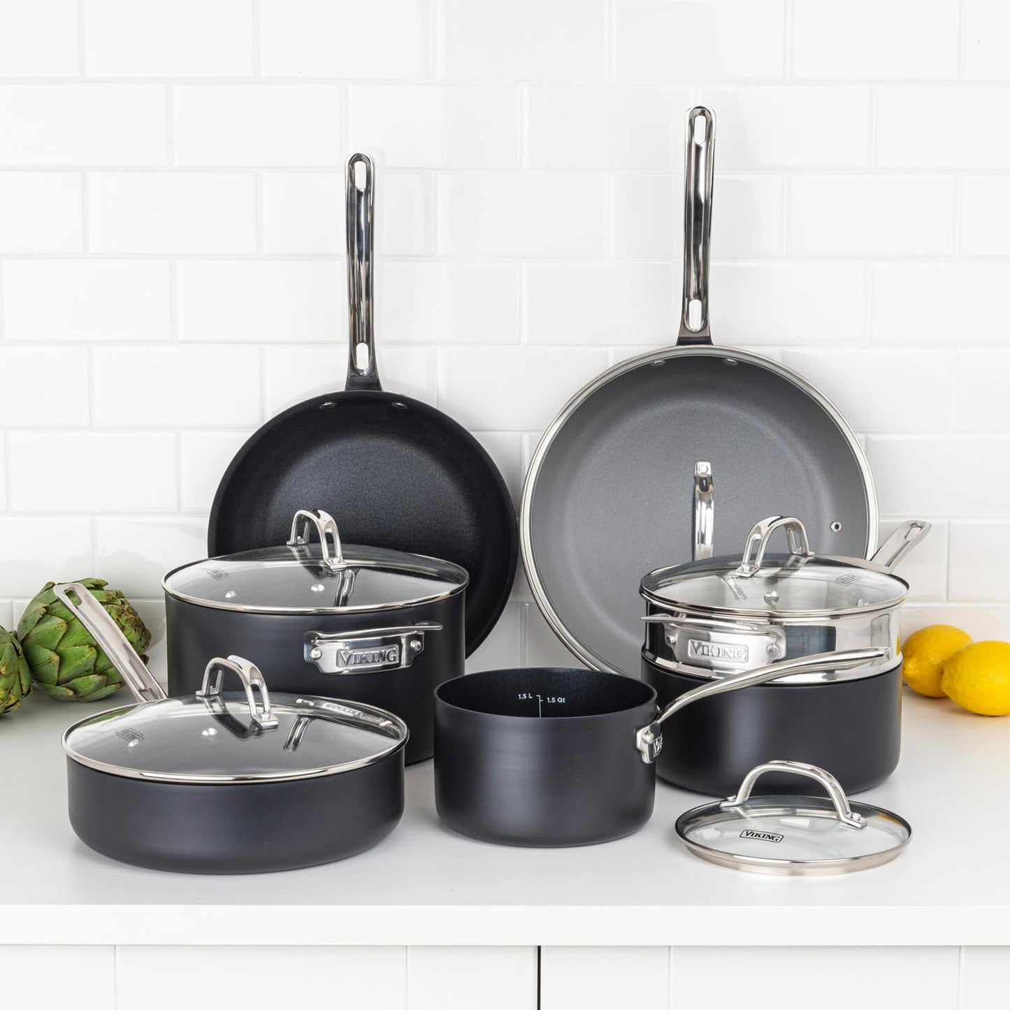 Viking Pots and Pans Set Non Stick, 12 Piece Hard Anodized Kitchen Cookware with Glass Lids, Black
